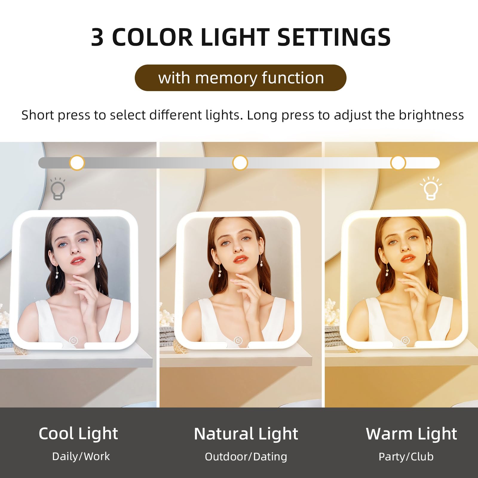 360° Swivel Rechargeable LED Makeup Mirror with 3 Adjustable Light Modes - 9.2x8 Inch Desktop Vanity Mirror for Dressing Table, Bathroom & Bedroom Makeup Application