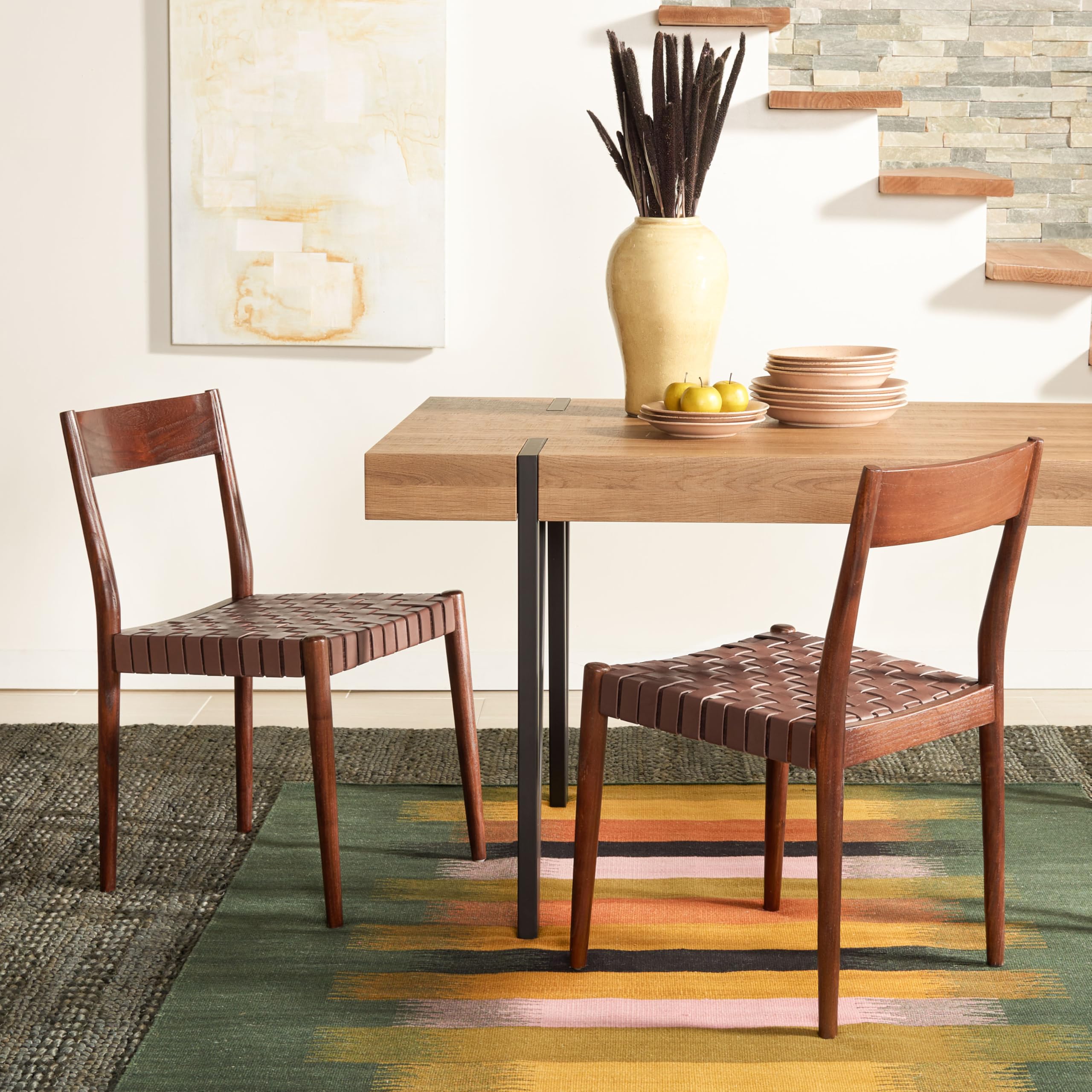 SAFAVIEH Eluned Woven Leather Accent Chair - Set of 2, Cognac Brown Dining Chairs for Living Room, Kitchen & Office | Modern Home Decor Furniture DCH1201A-SET2