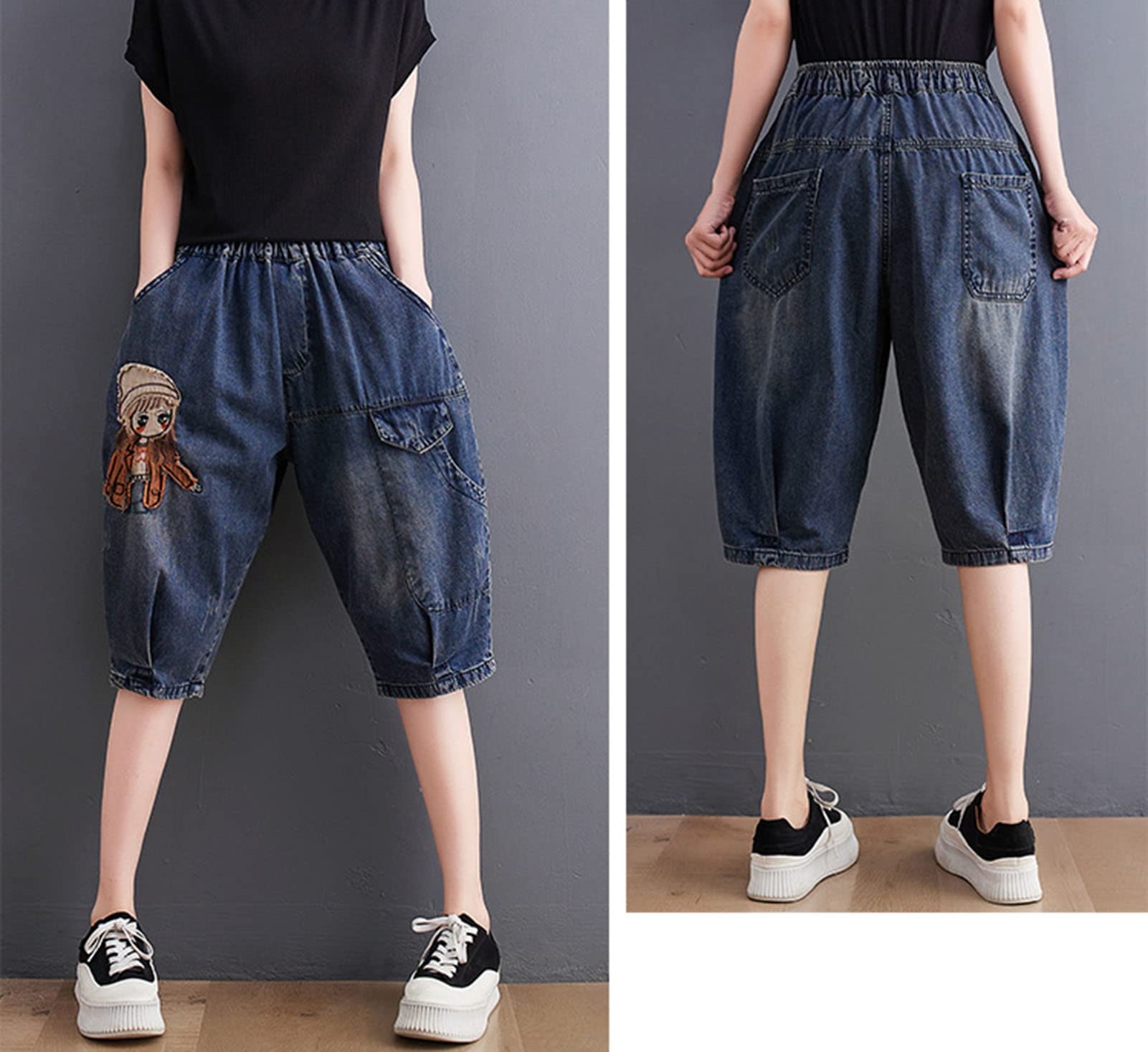 Women's Distressed Denim Shorts - Cotton Loose Fit High Waisted Elastic Waist Casual Jean Shorts | Perfect for Summer, Beach, Travel & Everyday Wear