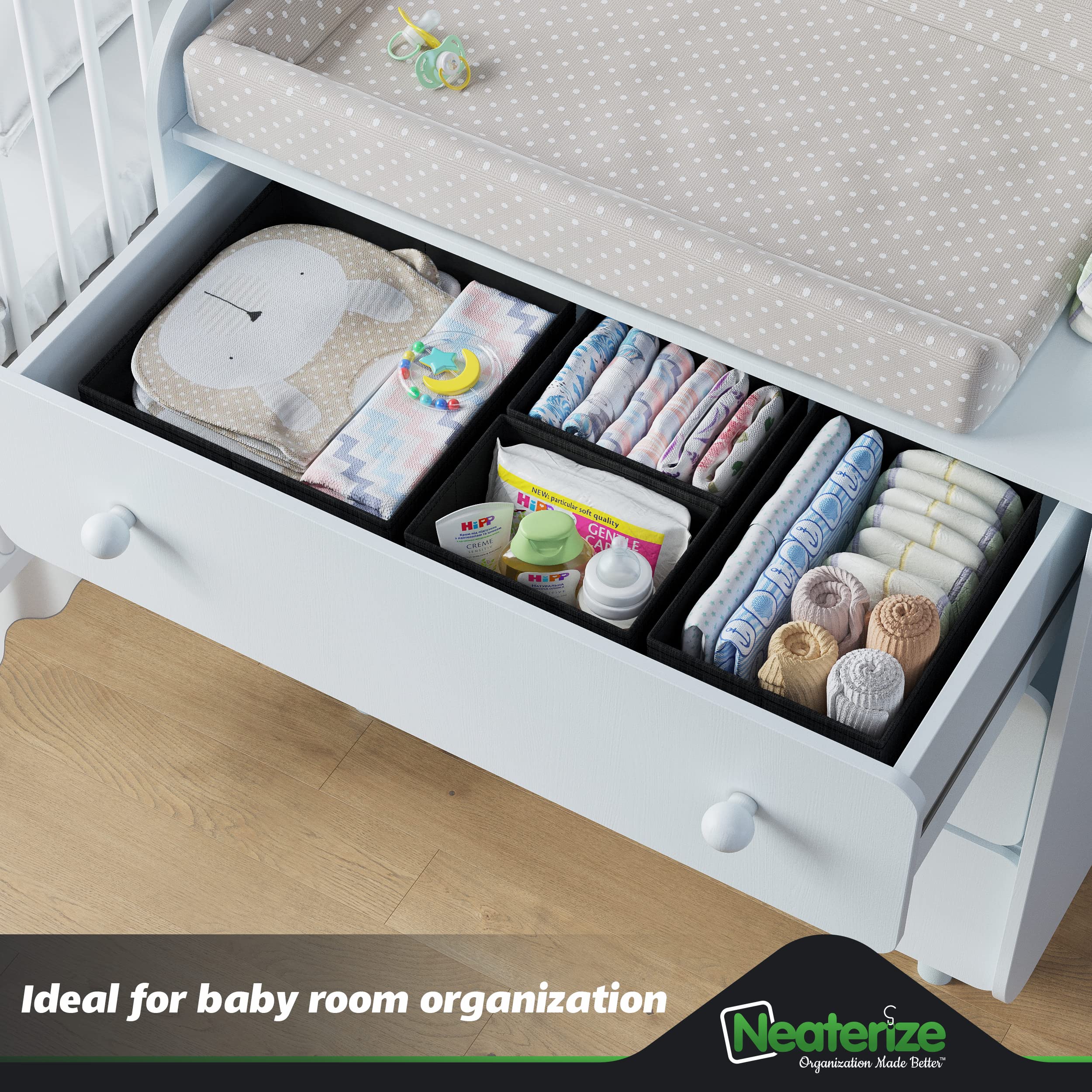 12-Piece Black Drawer Organizer Set for Clothes - Perfect for Nursery, Bedroom & Closet Storage | Baby Clothes Organizer & Dresser Drawer Dividers | Ideal for Newborn Wardrobe Organization & Home Storage Solutions