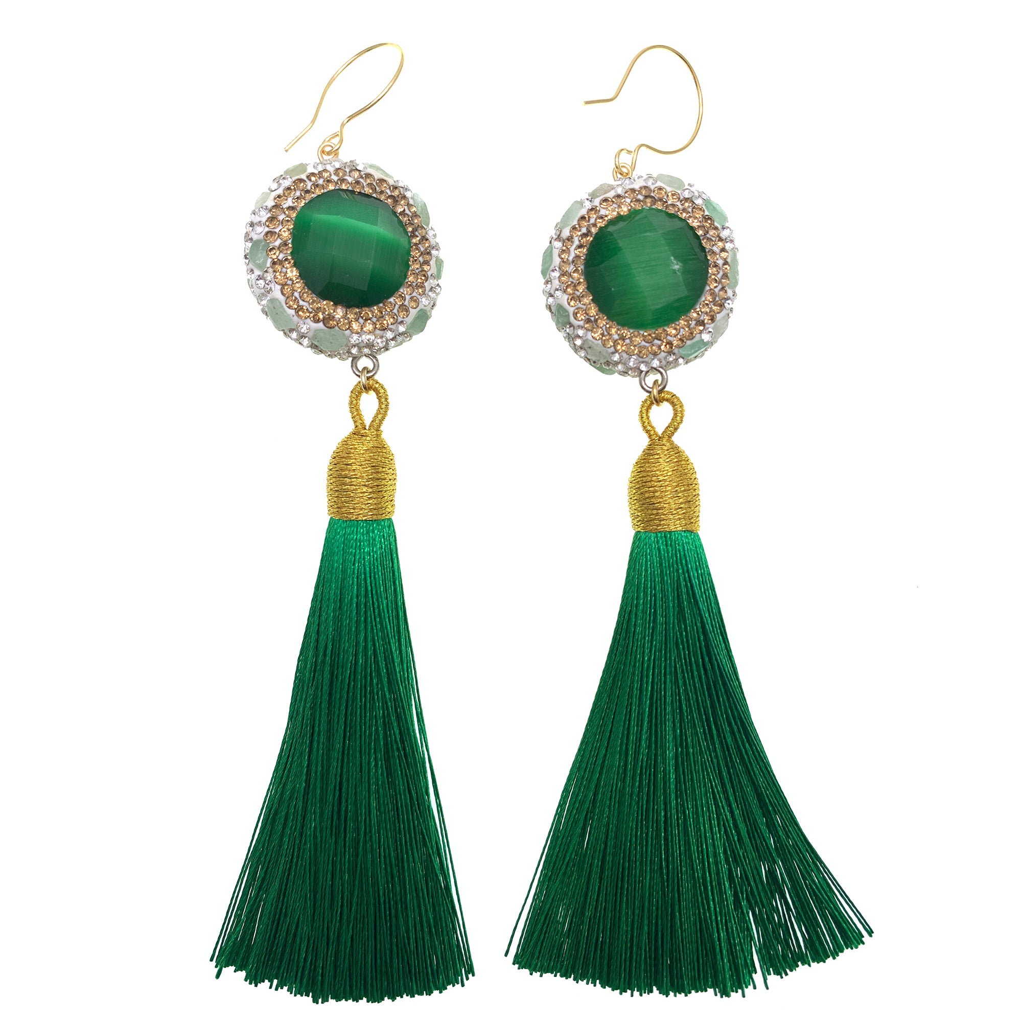 Green Cat's Eye Tassel Hook Earrings GE012 - Elegant Dangle Earrings for Women, Perfect for Parties, Weddings & Special Occasions
