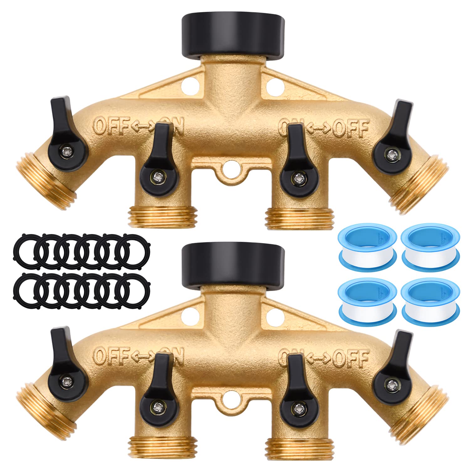 Heavy Duty 4-Way Brass Hose Splitter - 2 Pack for Garden & Outdoor Use