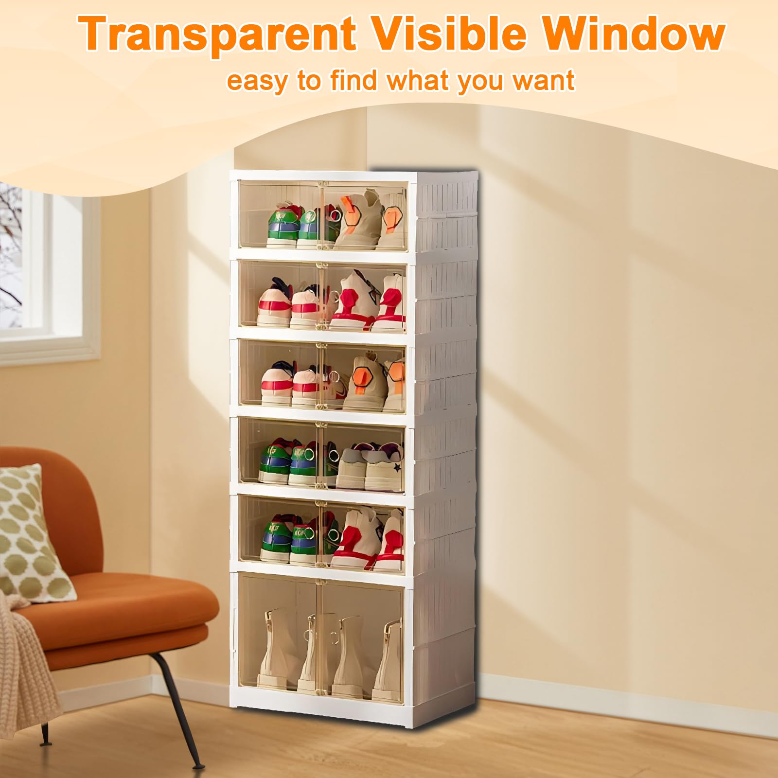 Stackable 6-Tier Shoe Storage Organizer with Magnetic Clear Door - Holds 24 Pairs of Shoes - Portable Sneaker Cabinet for Closet, Bedroom & Entryway Organization - Large Plastic Shoe Containers with Lids (Set of 2) - Perfect for Small Spaces & Shoe Lovers