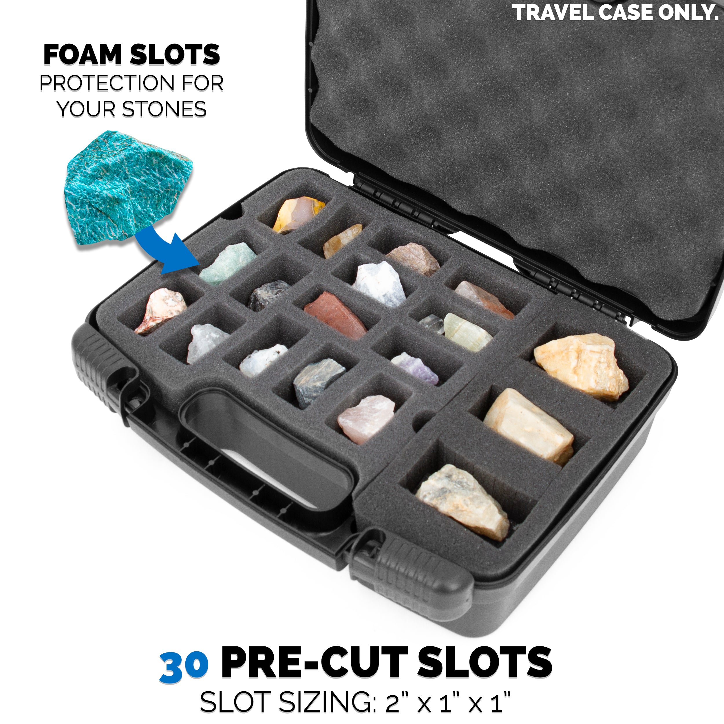 CASEMATIX Rock Collection Travel Case - 30 Slot Rock Storage Box with 2 Pre-Cut Foam Trays, Customizable Foam Sections for Crystal Protection | Perfect for Geology Field Trips, Mineral Collecting & Travel Organization