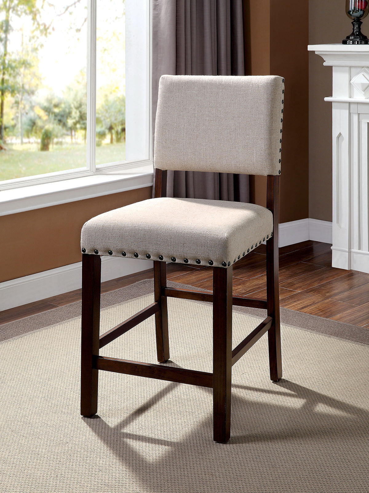 2-Piece Classic Counter Height Dining Chairs Set - Ivory Linen Upholstered with Padded Cushion & Nailhead Trim - Solid Cherry Wood Frame - Perfect for Kitchen Island, Breakfast Nook & Small Dining Spaces