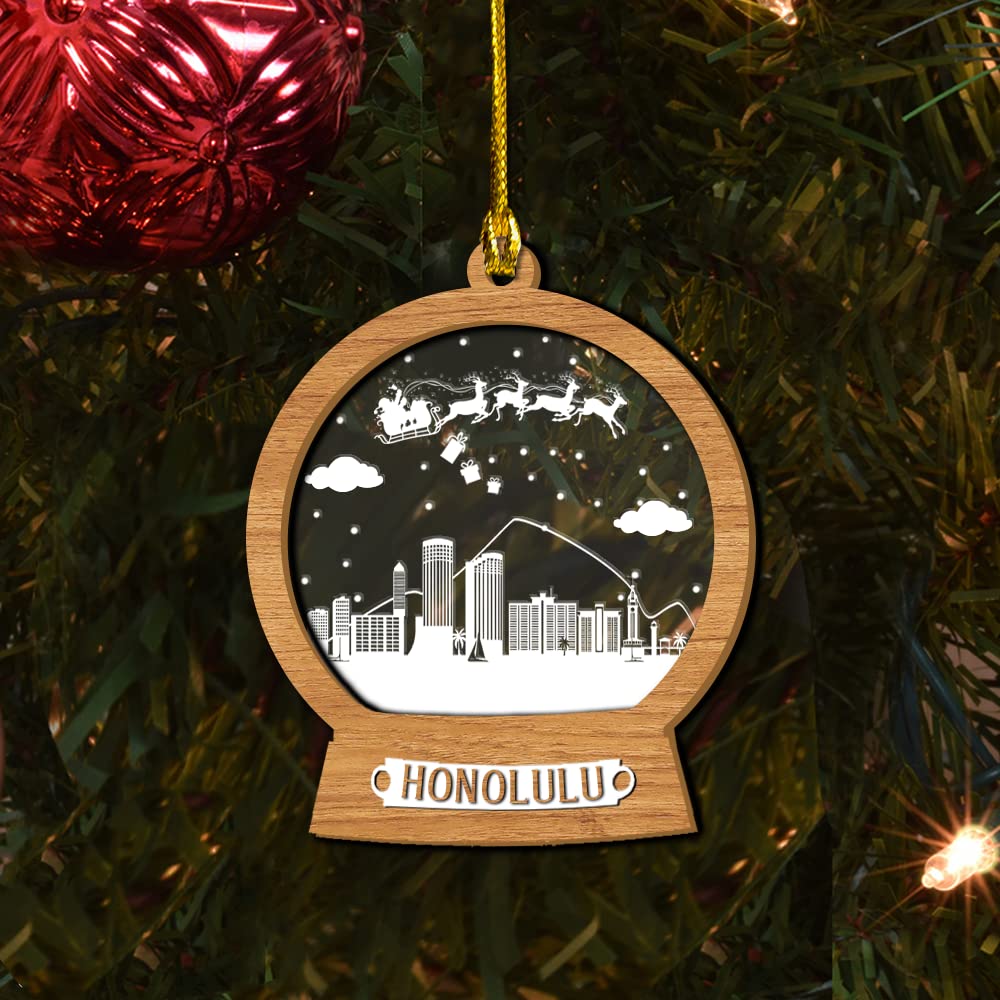 3D Wood Layered Personalized Honolulu Christmas Ornaments - Custom Cityscape Tree Decorations (Set of 10) | Perfect for Holiday Gifts, Home Decor & Christmas Tree Trimming
