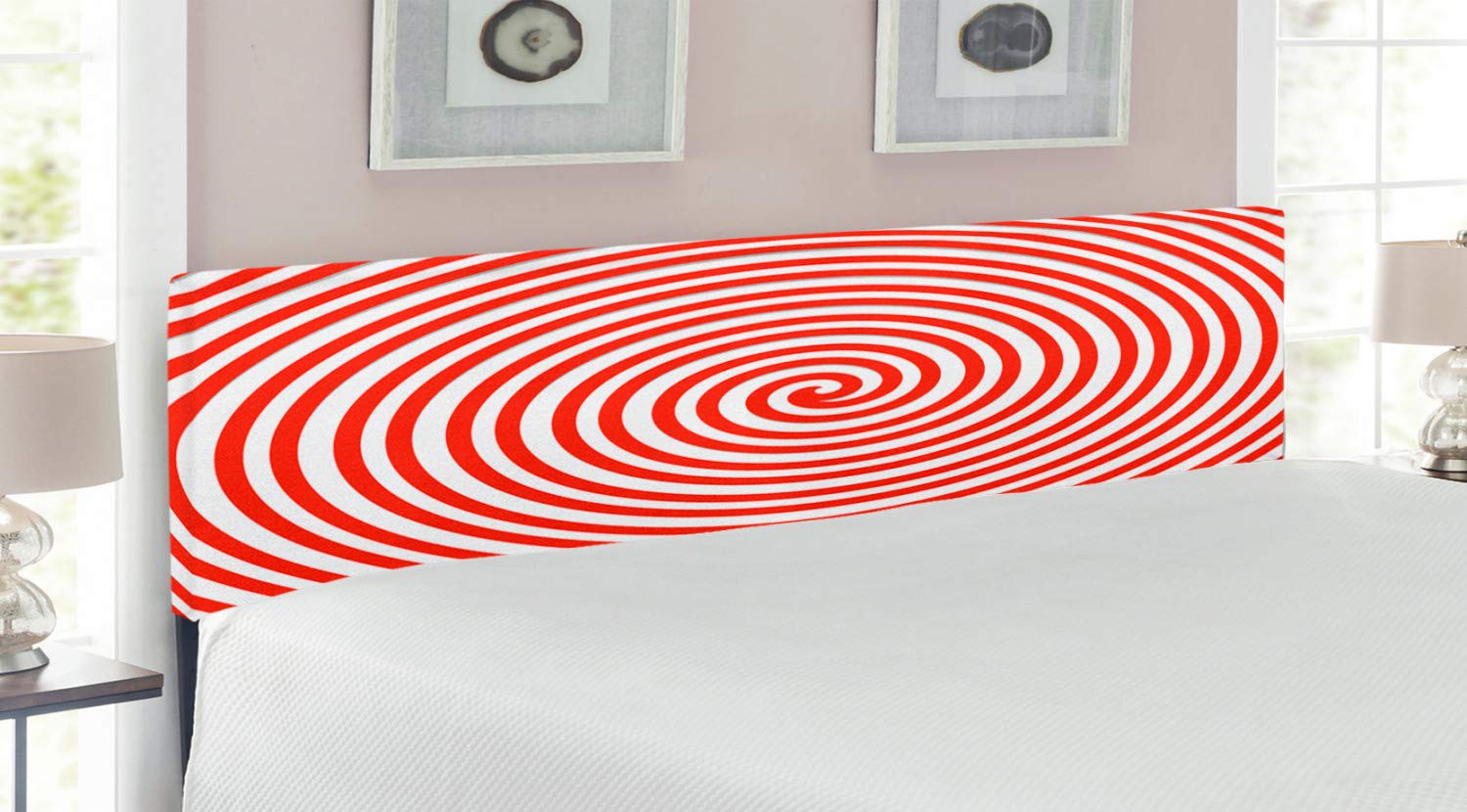 Ambesonne Spires Upholstered King Size Headboard with Memory Foam - Red & White Spiral Concentric Design Metal Bed Frame for Modern Bedrooms | Perfect for Master Bedroom Decor & Guest Room Upgrade
