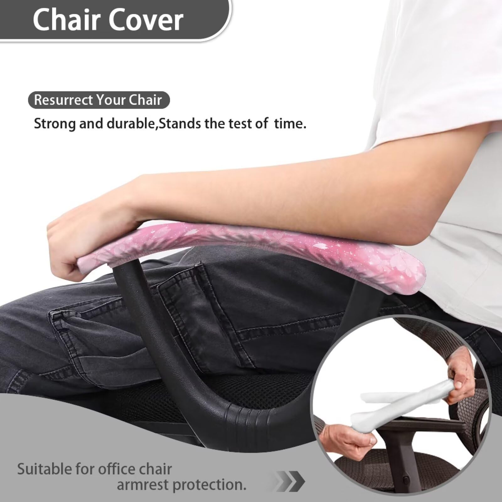 Cherry Blossom Gaming Chair Arm Rest Covers - 2 Pack Floral Office Chair Arm Sleeves with Elastic Band, Comfortable Stretchable Polyester Armrest Protectors in Pink - Perfect for Gaming Setups, Home Office & Workspace Decor