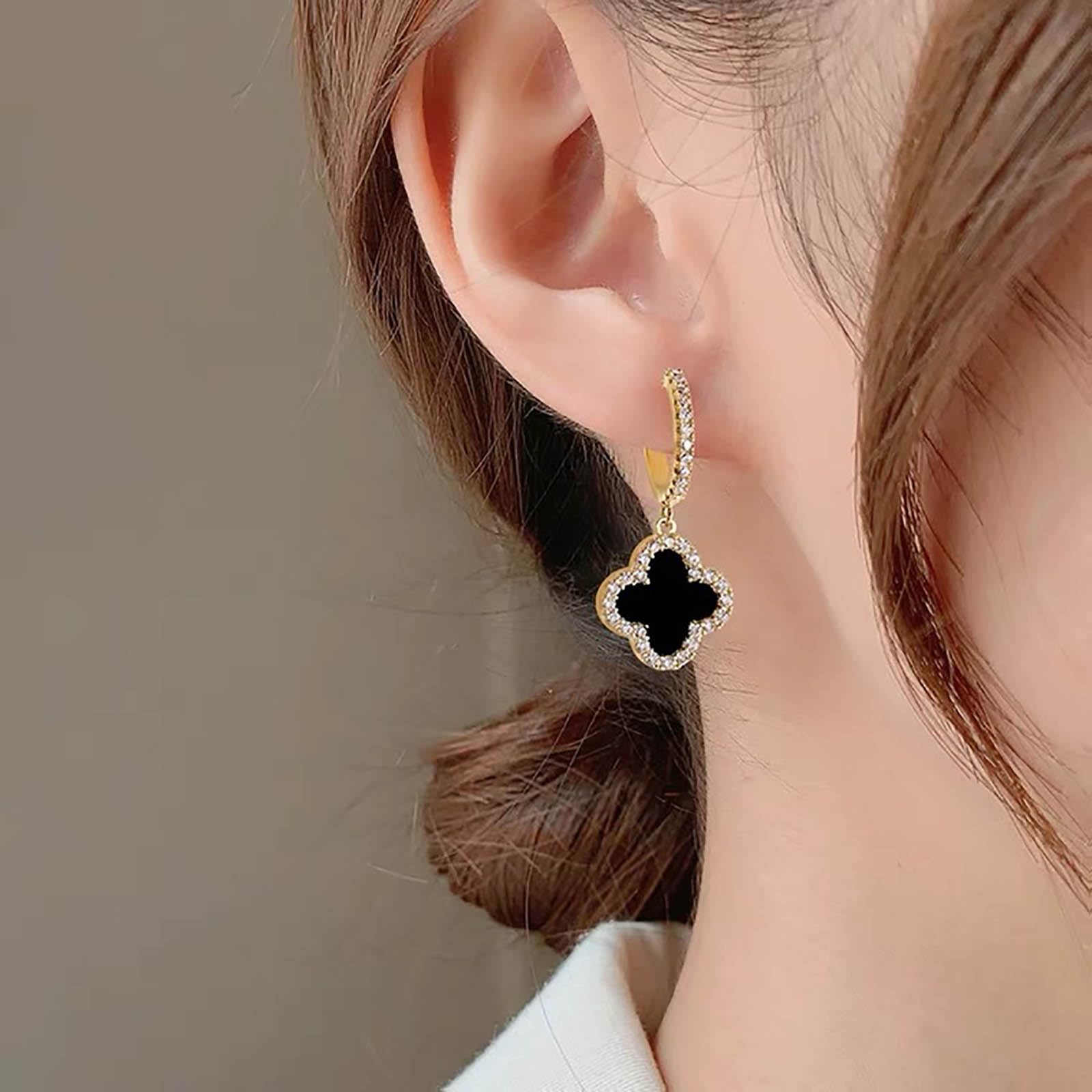 Boho Four Leaf Clover Earrings for Women - Black Crystal Clover Dangle Huggie Hoop Earrings with CZ Stones, Lucky Charm Jewelry Gift for Women and Girls | Perfect for St. Patrick's Day, Parties & Everyday Wear