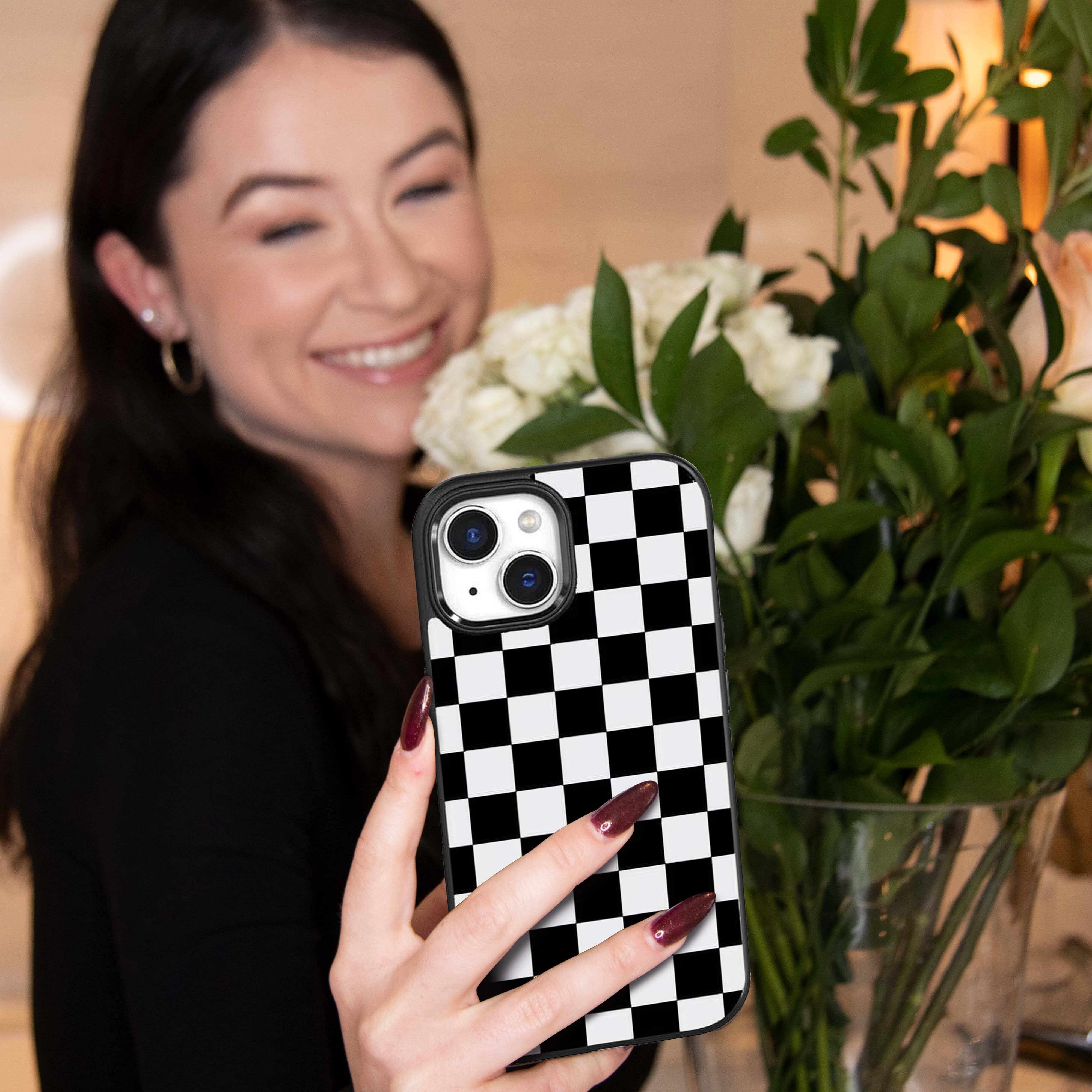 iPhone 15 Plus Case with MagSafe - Black Checkerboard Design | Slim Protective Cover for Everyday Use | Perfect for Work, Travel & Outdoor Activities