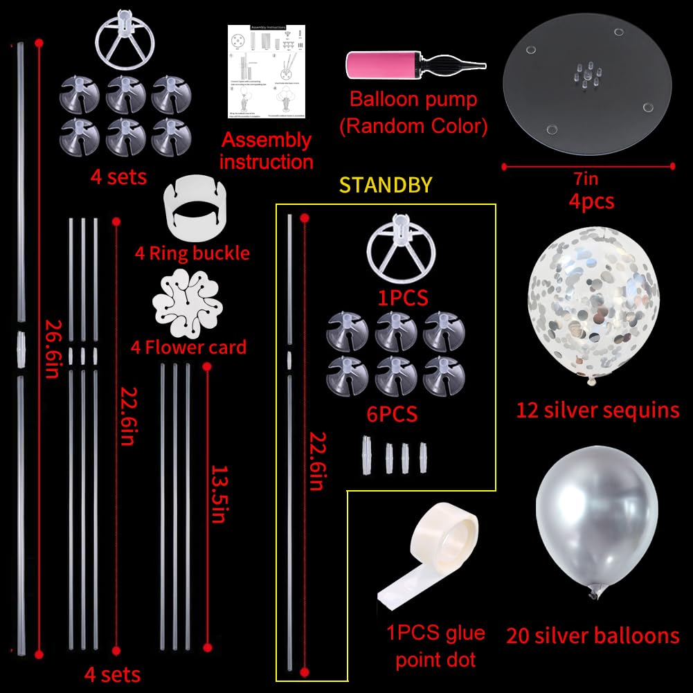TONIFUL 4 Silver Balloon Stand Centerpiece - Elegant Table Decor for 25th Wedding Anniversary, Birthday, Bridal Shower, Graduation Party, New Year 2025 & Christmas Celebrations - Perfect for Wedding Receptions, Baby Showers, and Holiday Home Decor