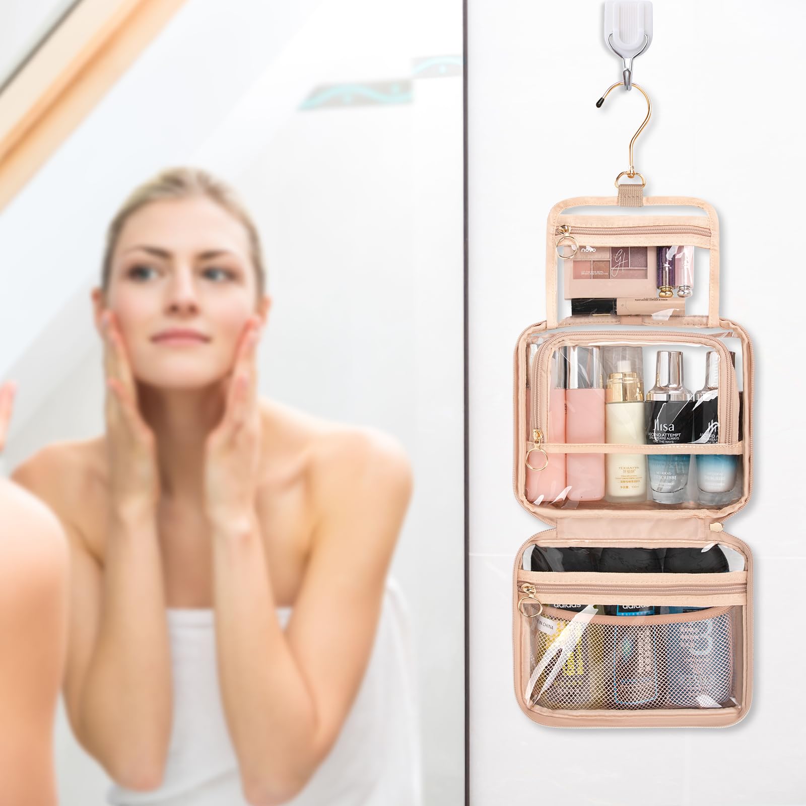 Clear Hanging Toiletry Bag for Women - Travel Makeup Organizer with 360° Hook - Portable Cosmetic & Skincare Pouch for Bathroom, Gym, Camping, and Airplane Travel