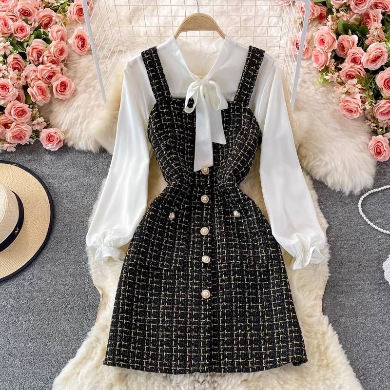 Elegant Autumn Bow Knot Blouse & Plaid Suspenders Dress 2-Piece Set 1387 | Women's Fashion Outfit for Fall, Office Wear & Special Occasions