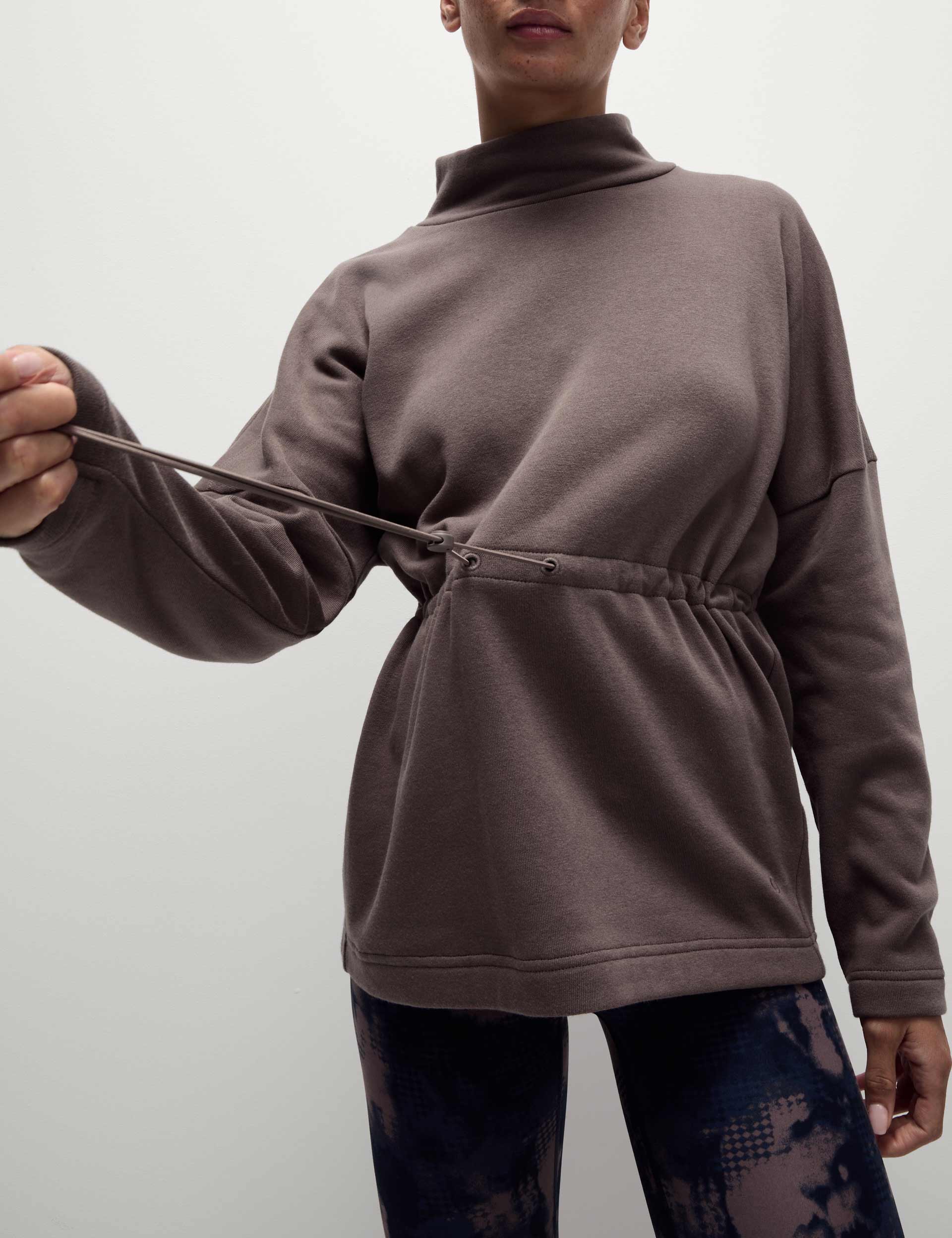 Premium Cotton Rich Brushed Funnel Neck Sweatshirt for Women - Soft & Cozy Taupe Pullover for Casual Wear, Lounge & Fall Outfits
