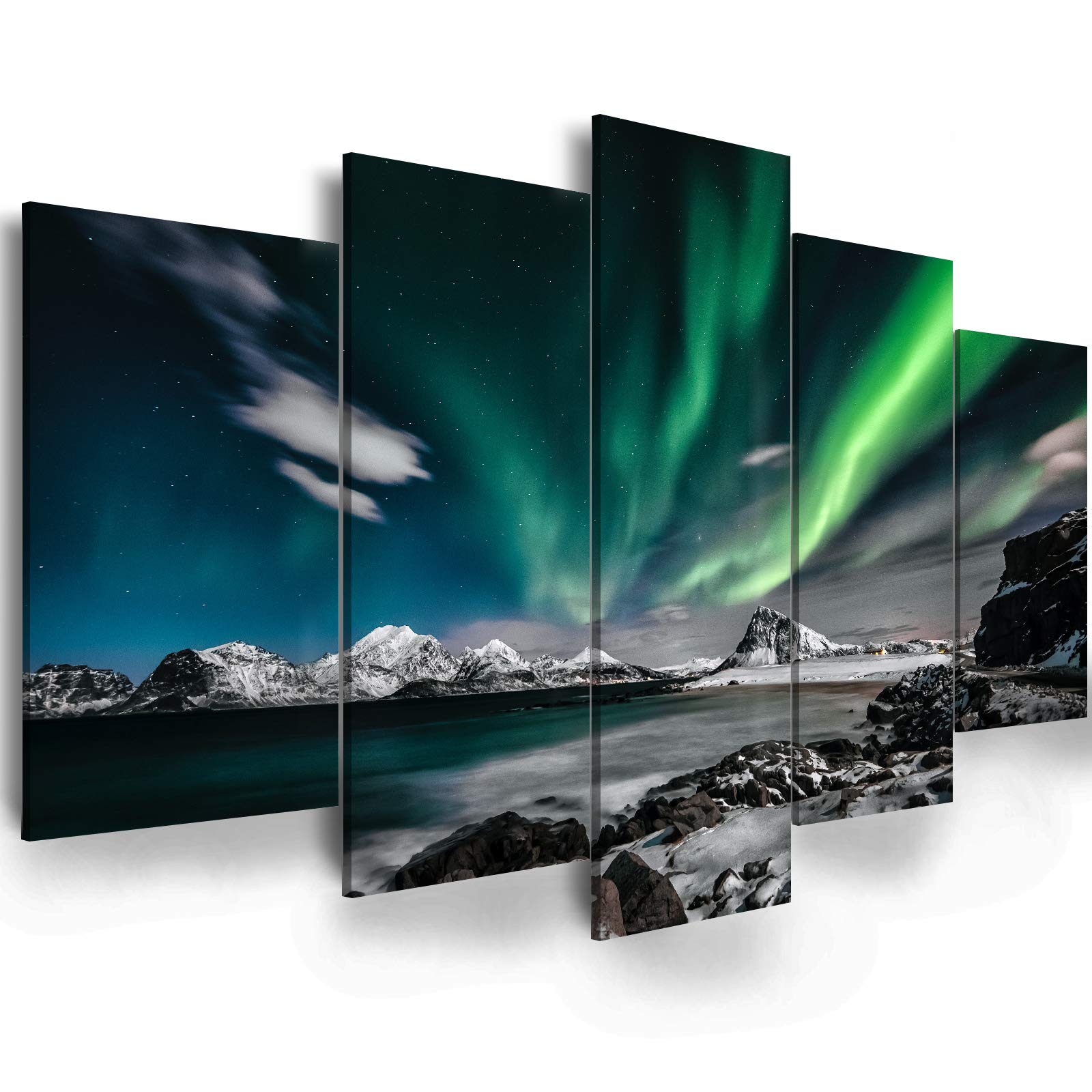 Aurora Borealis Canvas Wall Art - Northern Lights Landscape Painting for Living Room, Bedroom & Office Decor | Wooden Framed Prints Ready to Hang (5-Piece Set, 80x40 Inches) | Perfect for Home, Office & Gift Giving