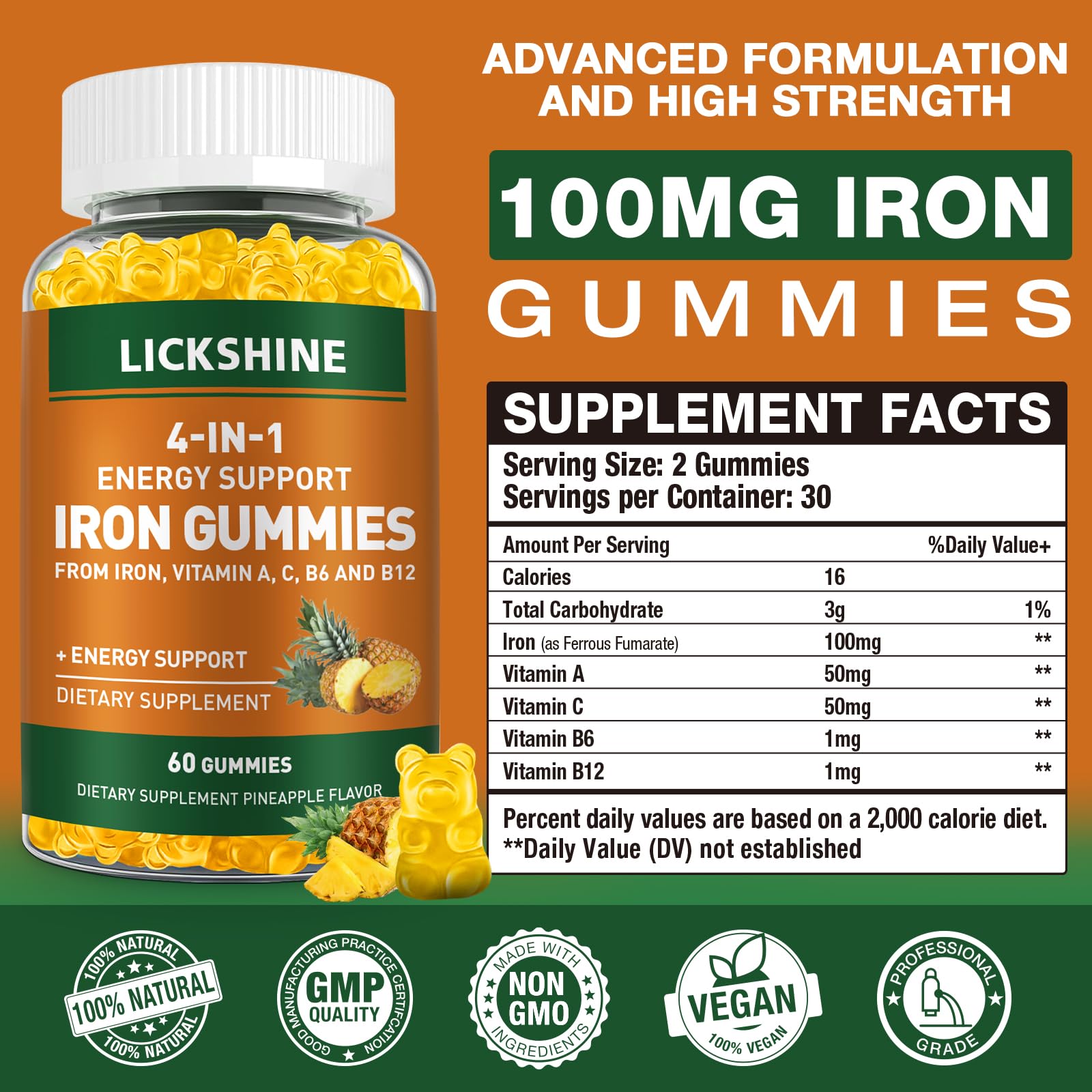 2 Pack Vegan Iron Gummies 100MG with Vitamin C, A, B - Energy Boosting Supplement for Women, Men & Kids - Supports Iron Deficiency & Anemia Relief - Peach Flavor (120 Count) - Perfect for Daily Nutrition & Active Lifestyle