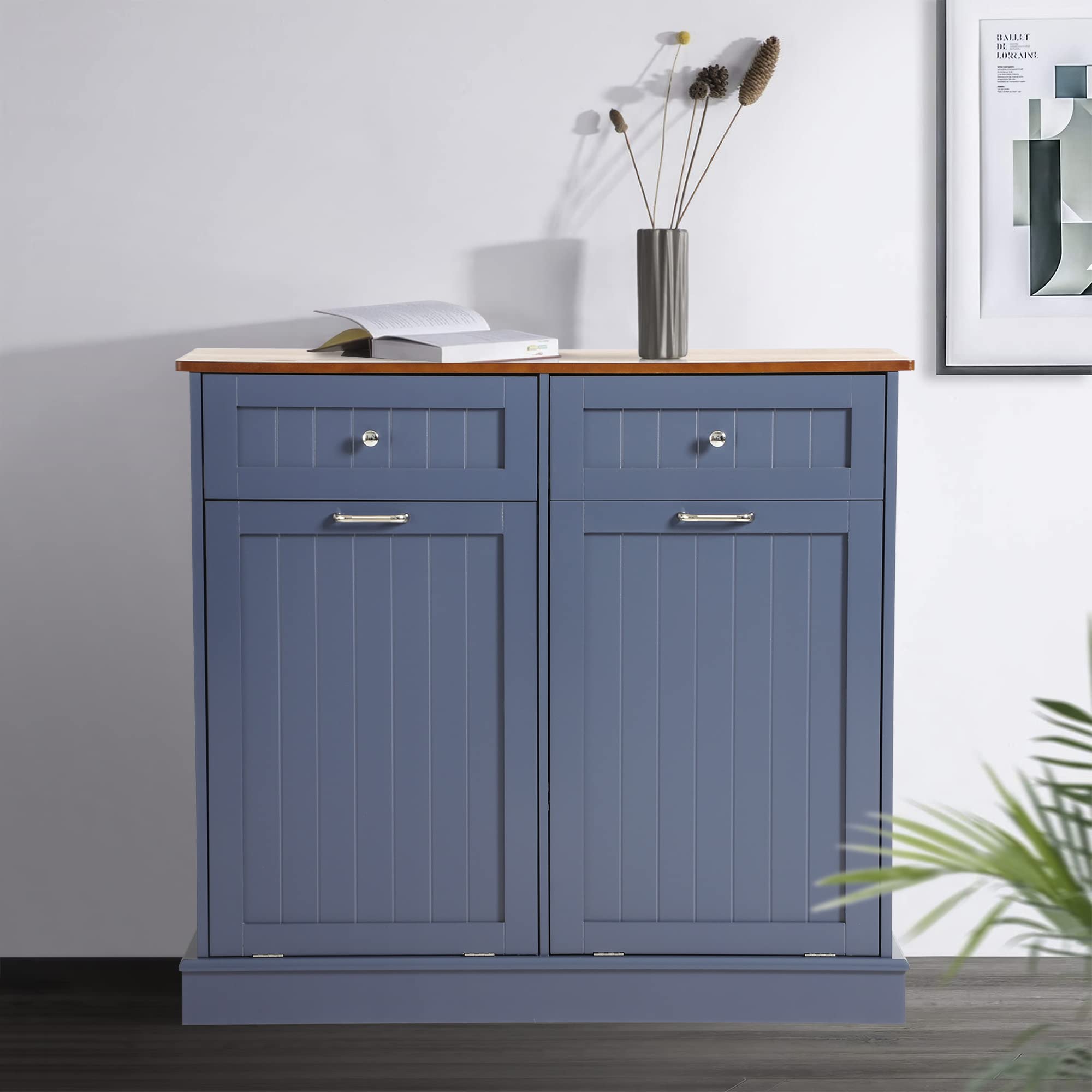 Tilt Out Trash Can Cabinet with Double Hidden Trash Bin Holder - Wooden Free Standing Kitchen Recycling Storage - Dog Proof Trash Can in Blue - Perfect for Small Kitchens, Pantries & Pet-Friendly Homes