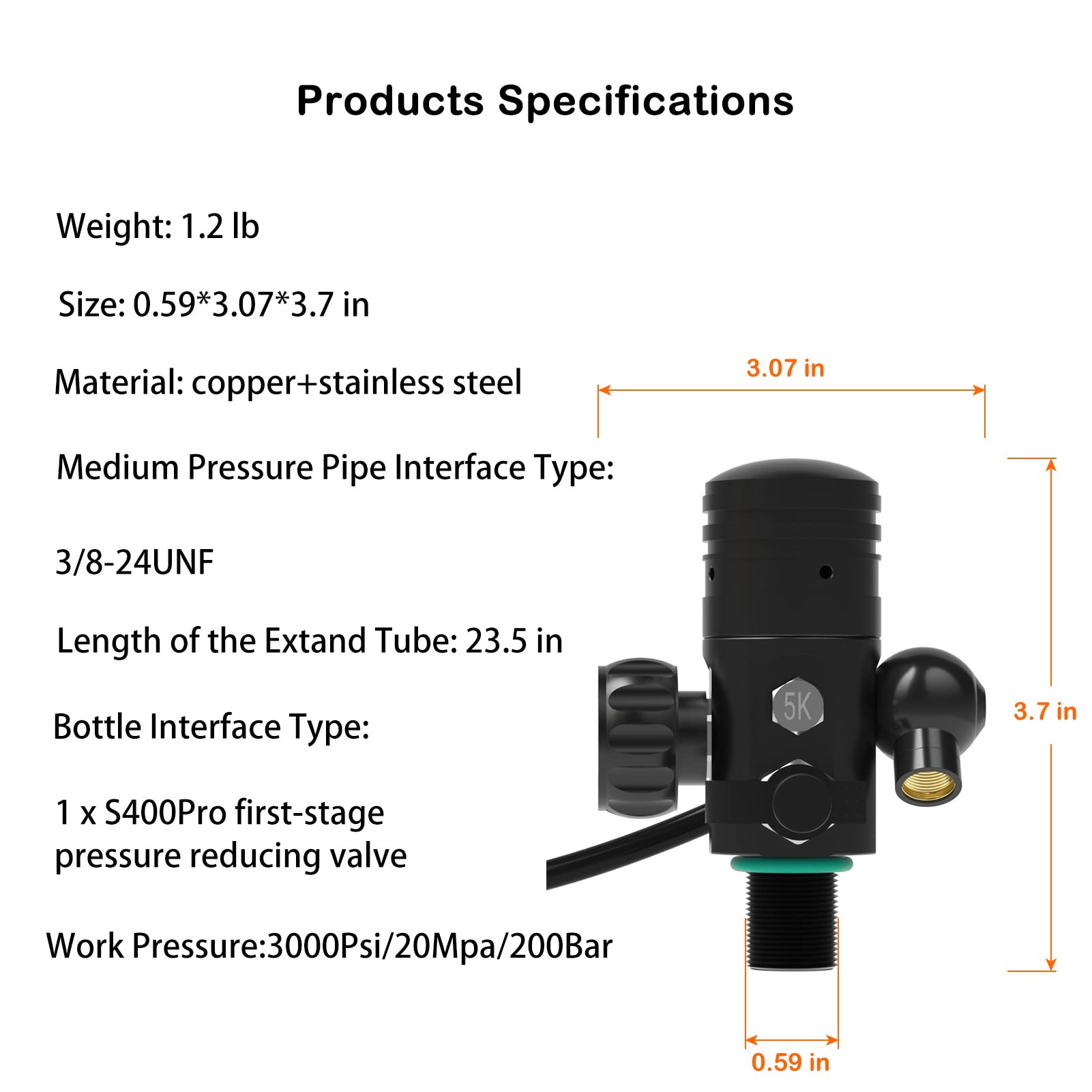 SMACO Scuba Regulator for Mini Scuba Tank - 3000psi/200bar/20Mpa Diving Valve with Silicone Mouthpiece & Pressure Gauge - Perfect for Underwater Exploration, Snorkeling, and Professional Diving