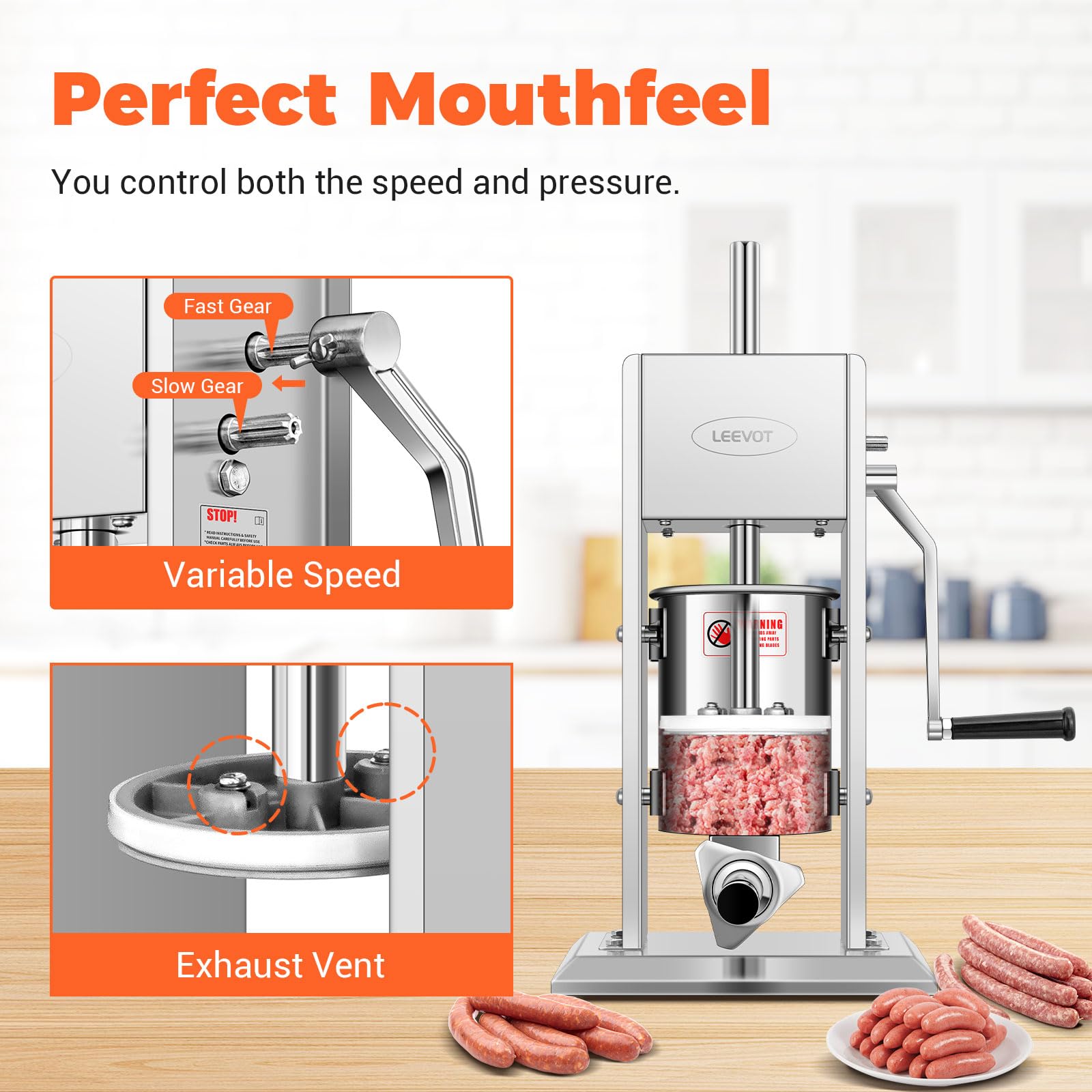 **7Lb/3L Stainless Steel Sausage Stuffer Maker - 304 Adjustable 2-Speed with 5 Filling Tubes (Silver) - Perfect for Home Kitchen, BBQ, and Sausage Making**