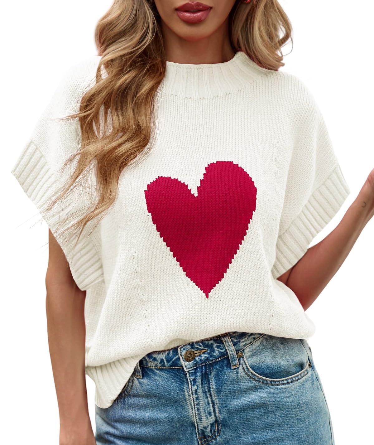 Saodimallsu Women's Heart Print Cropped Sweater - Mock Neck Cap Sleeve Knit Top for Valentine's Day, Date Night & Casual Wear