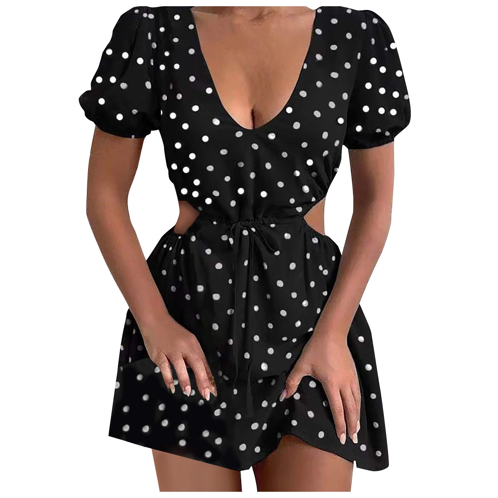 Sexy Mini Dot Print Hollow V-Neck Short Sleeve Dress for Women 2022 - Fashion Waist Dress for Party, Dating & Summer Outfits