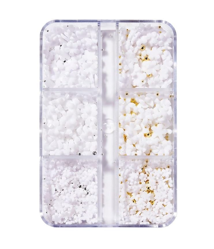 GOODIEBOX 6 Grid 3D Floral Acrylic Nails - Gold Silver Glitter Flower Charms with Nail Ball Beads & Resin Flowers for Nail Art Decoration, DIY Crafting, Bridal & Party Manicure Designs