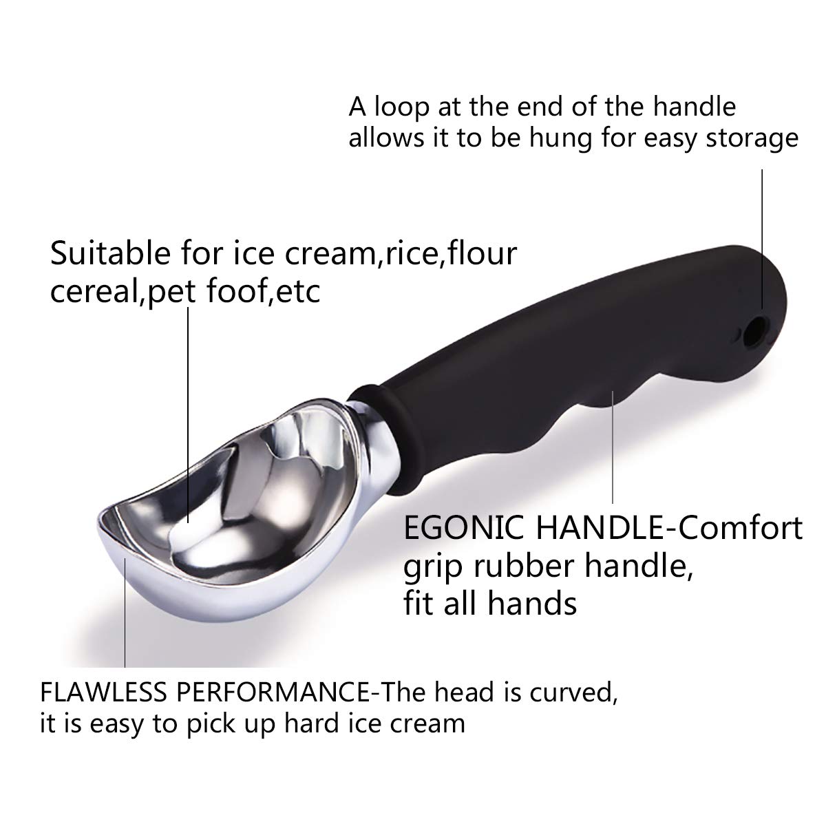 Premium Ice Cream Scoop with Comfortable Silicone Non-Slip Grip - Ergonomic Handle for Easy Ice Cream, Cookie Dough & Pie Serving - Dishwasher Safe Kitchen Tool (Black) - Perfect for Home Kitchens, Ice Cream Shops & Baking Enthusiasts