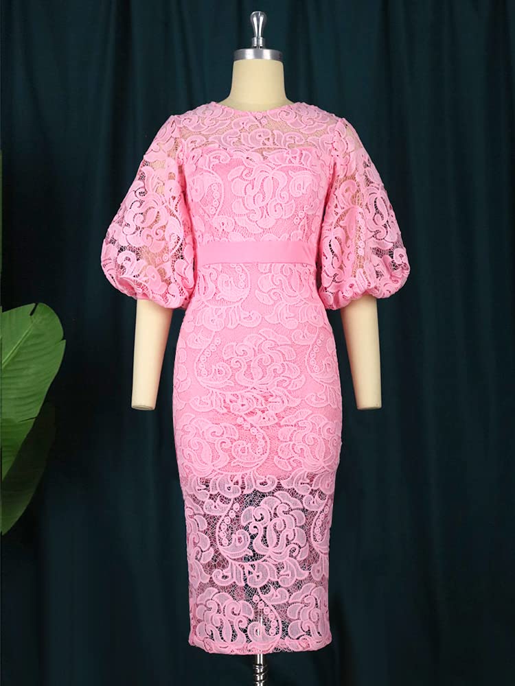 ONTINVA Women's Plus Size Crewneck Long Lantern Sleeve Bodycon Lace Midi Dress - Flattering Pink Formal Dress for Wedding Guest, Cocktail Party & Evening Occasions (Size M/Medium)