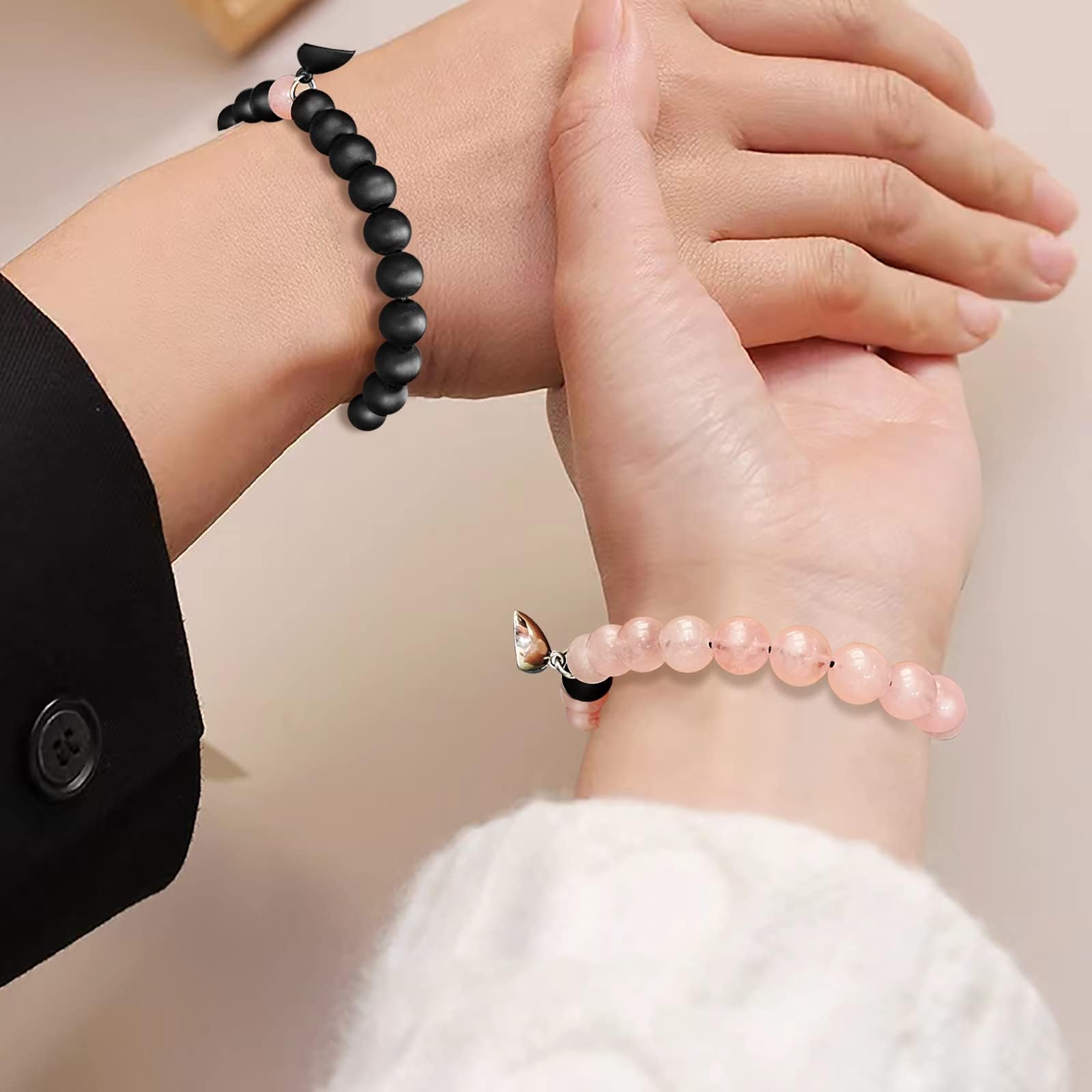 2 Pcs Magnetic Couple Bracelets - Romantic Christmas & Valentine's Day Gifts for Him and Her - Adjustable Matching Soulmate Bracelets with Heart Charm - Perfect for Long Distance Relationships, Anniversaries & Forever Love (Black & Pink) - Ideal for Couples, Wedding Gifts & Special Occasions