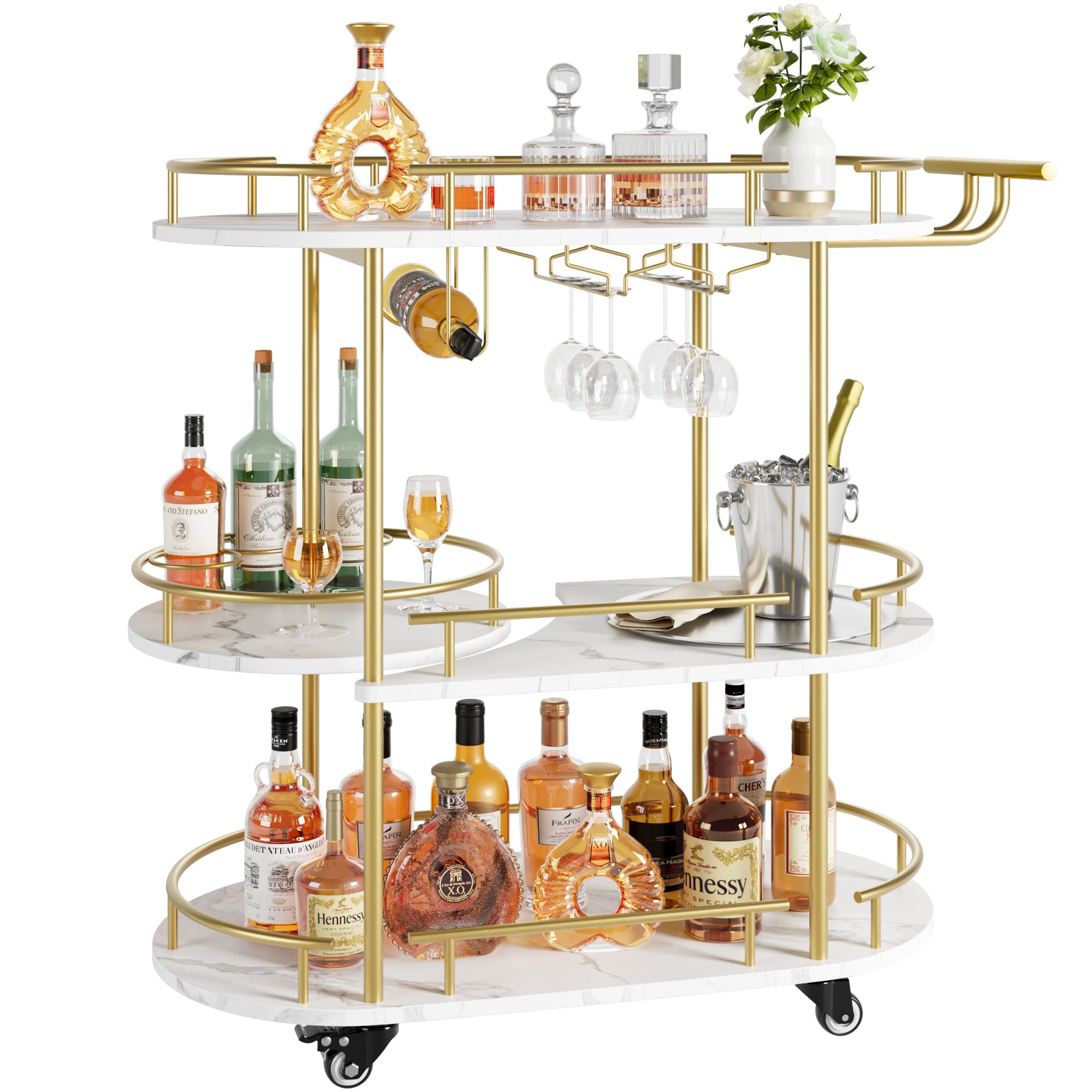 GAOMON 4-Tier Gold Bar Cart with Wheels - Mobile Serving Cart with Wine Rack & Glass Holder for Kitchen, Living Room, Dining Room | Perfect for Home Entertaining, Parties & Small Space Storage