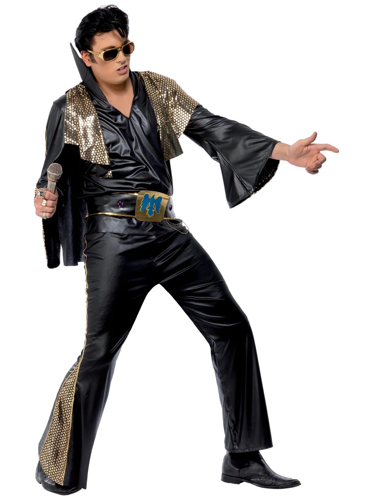 Smiffys Official Elvis Presley Costume for Adults - Black & Gold Shirt, Flared Pants, Cape & Belt Set | Licensed Music-Themed Fancy Dress Outfit for Halloween, Cosplay & Theme Parties
