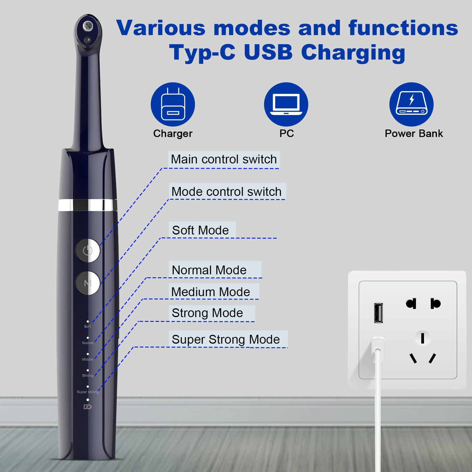 Professional Teeth Polishing Kit with LED Light - USB Rechargeable Dental Polisher, 6 Replacement Heads & 5 Speed Modes - Includes Whitening Toothpaste for Daily Cleaning & Stain Removal - Perfect for Home Dental Care & Travel Oral Hygiene