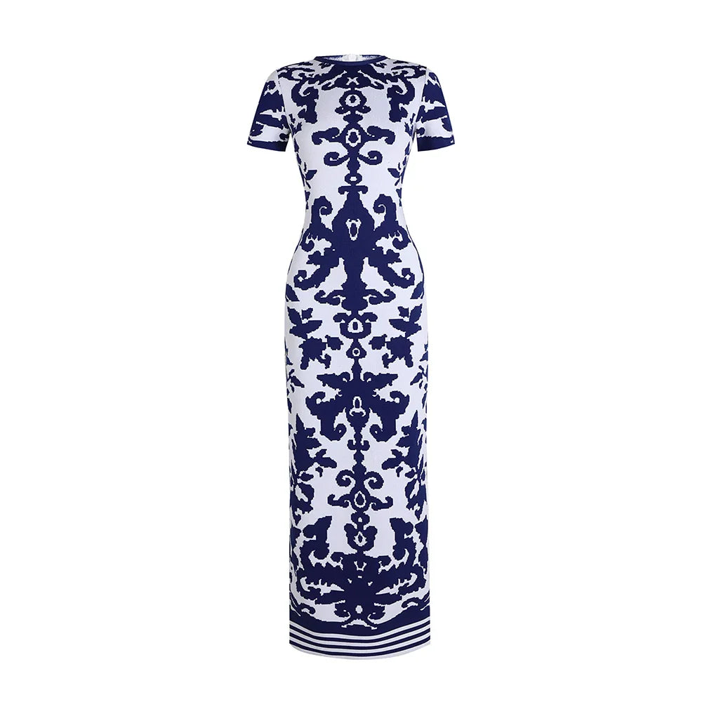 Elegant Blue and White Porcelain Print Women's Sexy Bandage Dress - Short Sleeve Tight Bodycon Party Dress for Celebrity Events, Night Out, Club Wear & Special Occasions