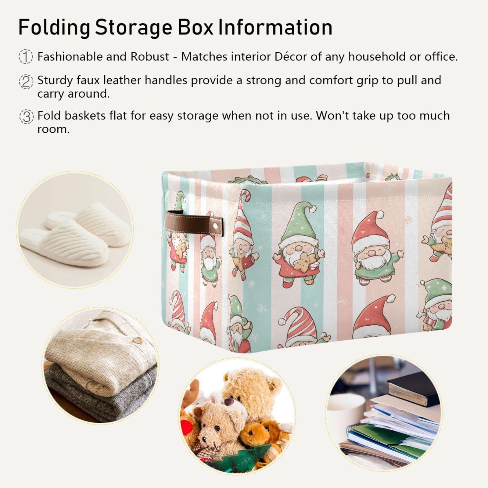 Collapsible Canvas Storage Baskets with Leather Handles - 2 Pack Rectangular Shelving Bins for Home Organization | Christmas Gnome Decor for Bedroom, Closet & Living Room Storage Solutions