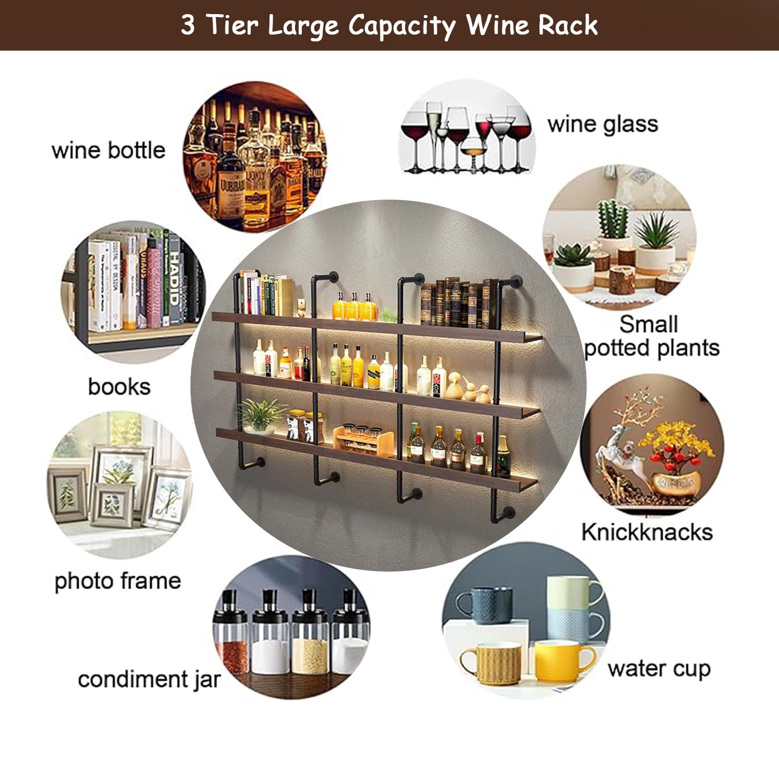 Premium Solid Wood Wall Mounted Wine Rack with LED Lights - Large Floating Shelf for Liquor Bottles Storage (47.2x8.7x47.2in, Black) - Perfect for Home Bar, Dining Room Decor & Modern Kitchen Display