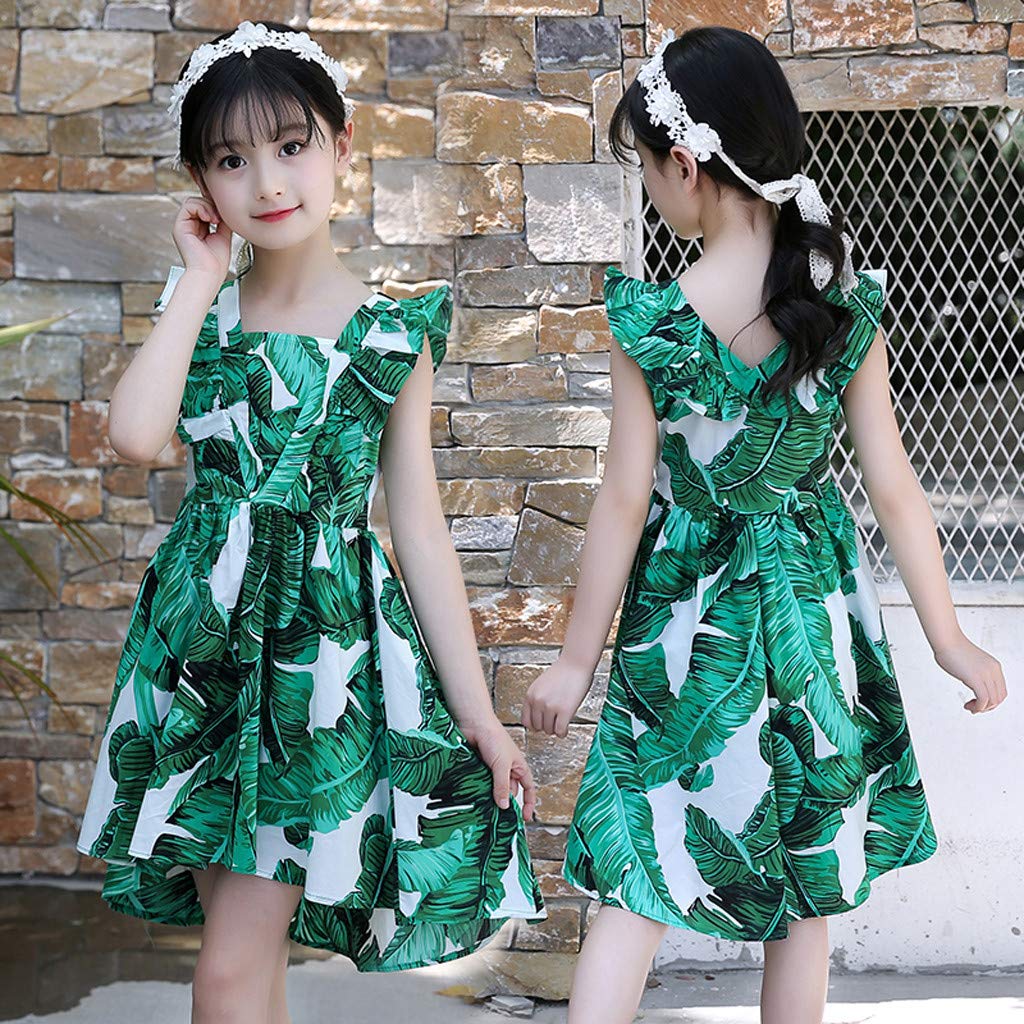 Hawaiian Tropical Sundress for Girls 4-12 Years - Sleeveless Leaf Print Ruched Summer Dress - Casual Beachwear for Kids & Teens - Perfect for Vacations, Parties & Outdoor Adventures