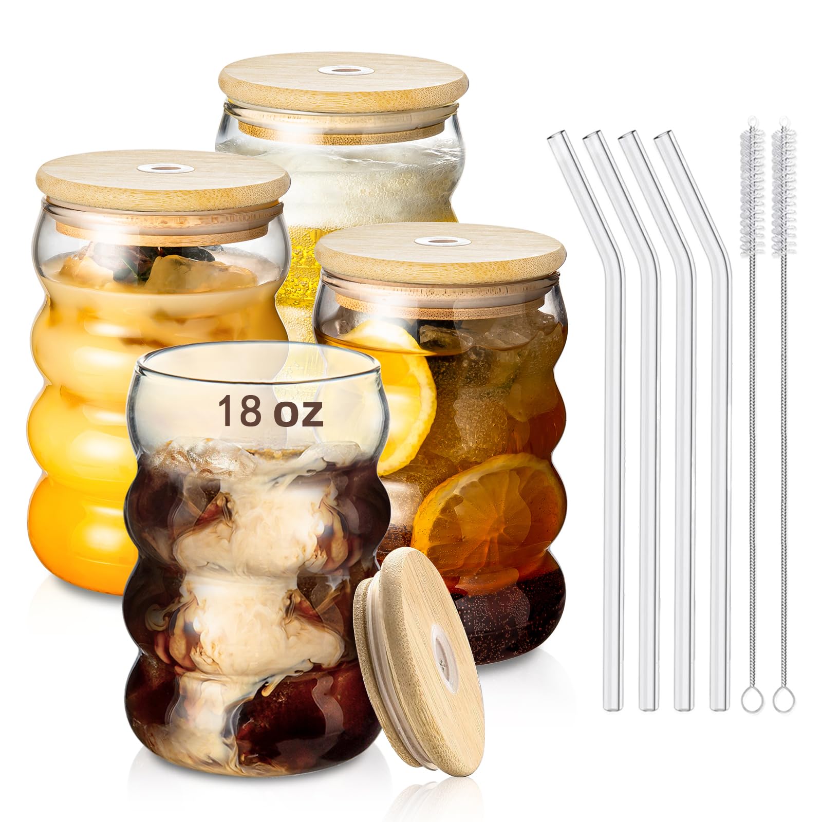 INSETLAN 18oz Creative Glass Cups with Lids & Straws - Set of 4 Wave Shape Drinking Glasses, Beer Mugs, Can-Style Tumblers for Cocktails, Juice, Iced Coffee - Perfect for Home, Office, Parties & Outdoor Use
