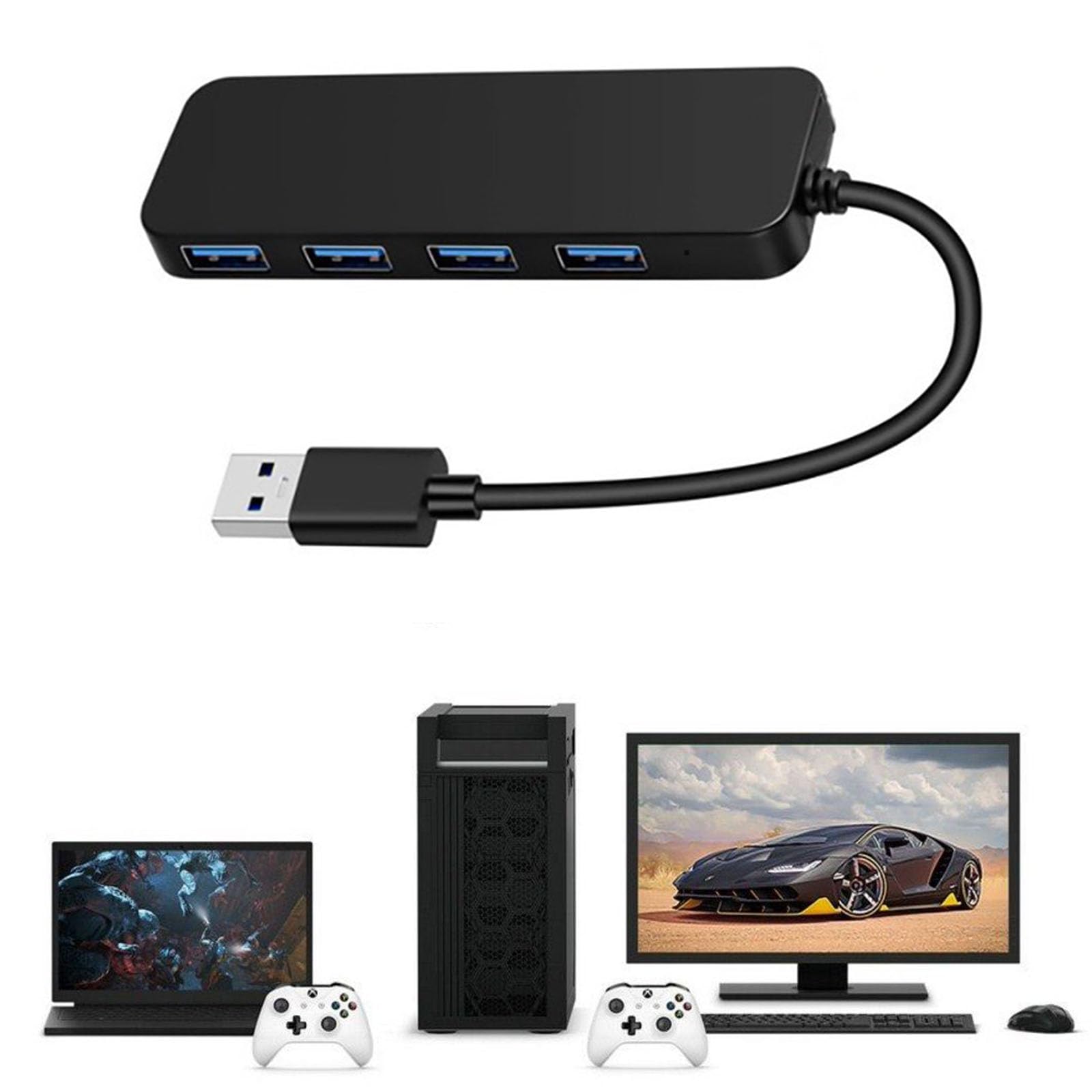 4-Port USB 3.0 Hub with USB-C Adapter - Ultra Slim Multi-Port USB Splitter for Laptop, PC, MacBook - High Speed 5Gbps Data Transfer for Office, Home & Travel Use