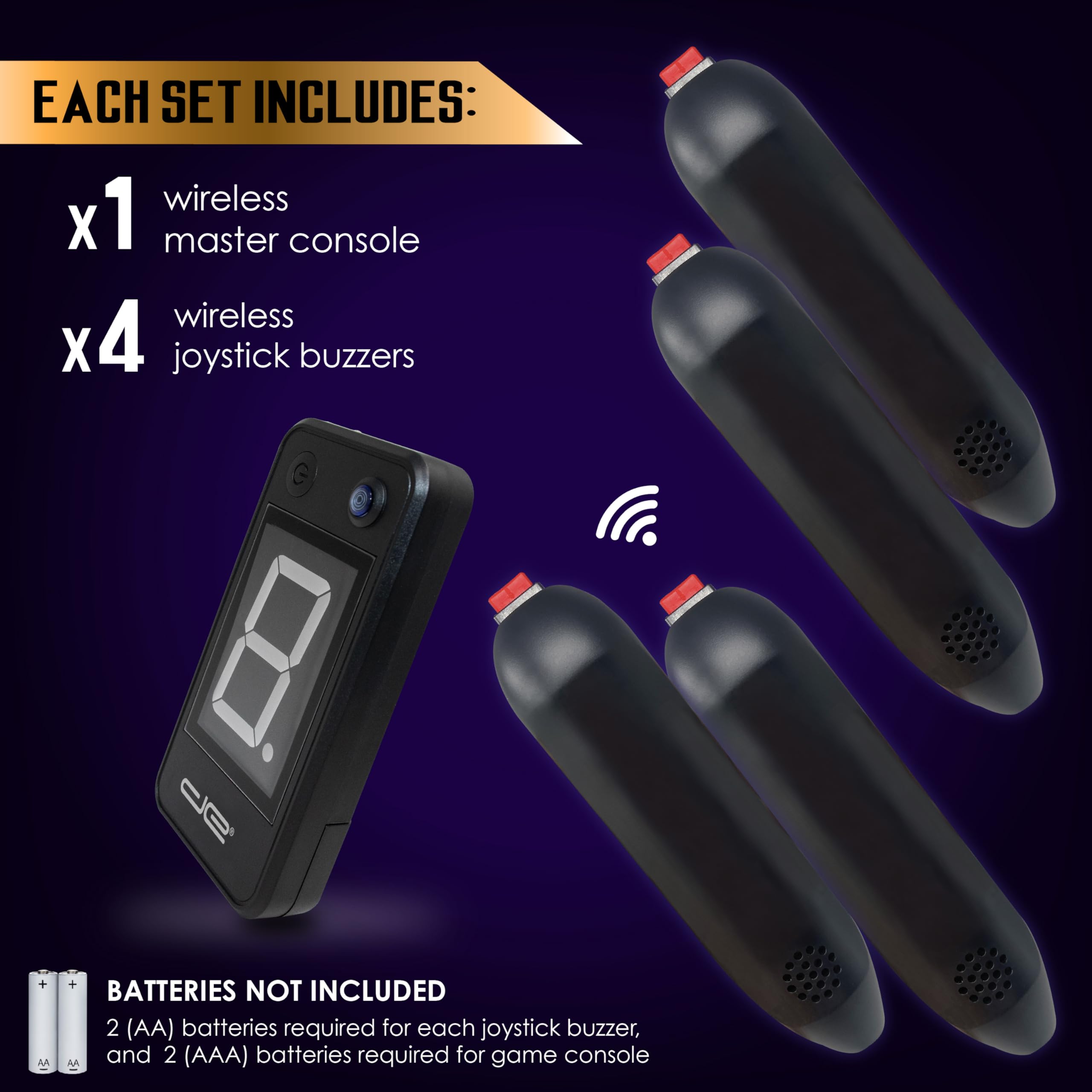 Digital Energy Wireless Handheld Game Buzzer System with 4 Joystick Buzzers - First Buzz-in Display for Trivia, Quiz & Party Games - Perfect for Jeopardy, Family Feud, Game Nights & Classroom Activities
