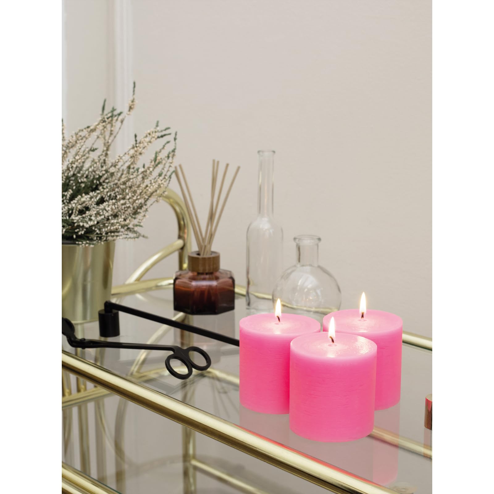 3x3 Inch Unscented Pillar Candles Set of 3 - Rustic Decorative Dinner Candles for Wedding & Home Decor - Hot Pink Large Candles for Centerpieces, Tablescapes & Romantic Ambiance