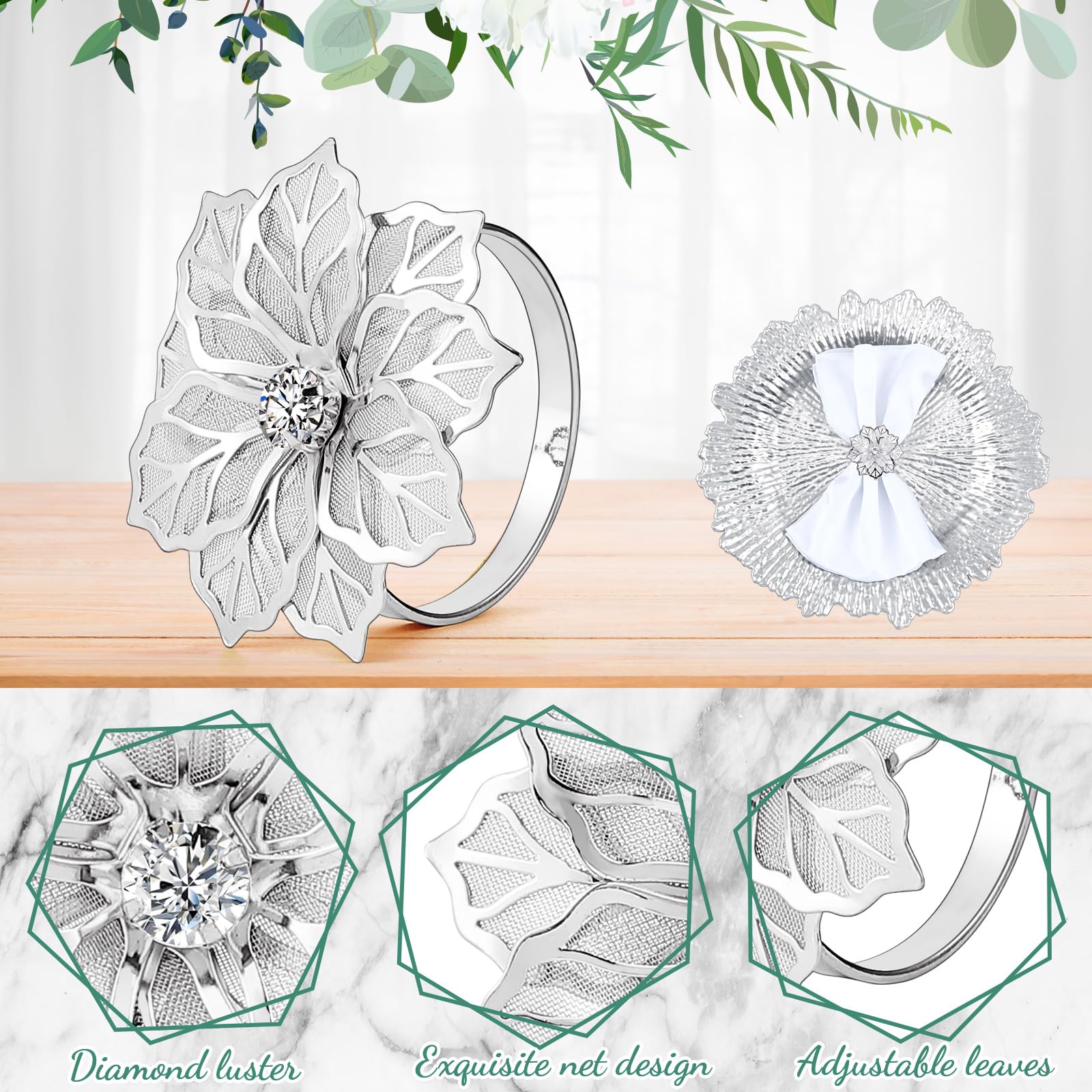 Dandat 50-Piece Silver Charger Plate Set with Floral Napkin Rings - 13 Inch Round Matte Plastic Dinner Plates for Wedding, Party & Table Decor - Elegant Hollow-Out Design for Formal Dining & Special Occasions