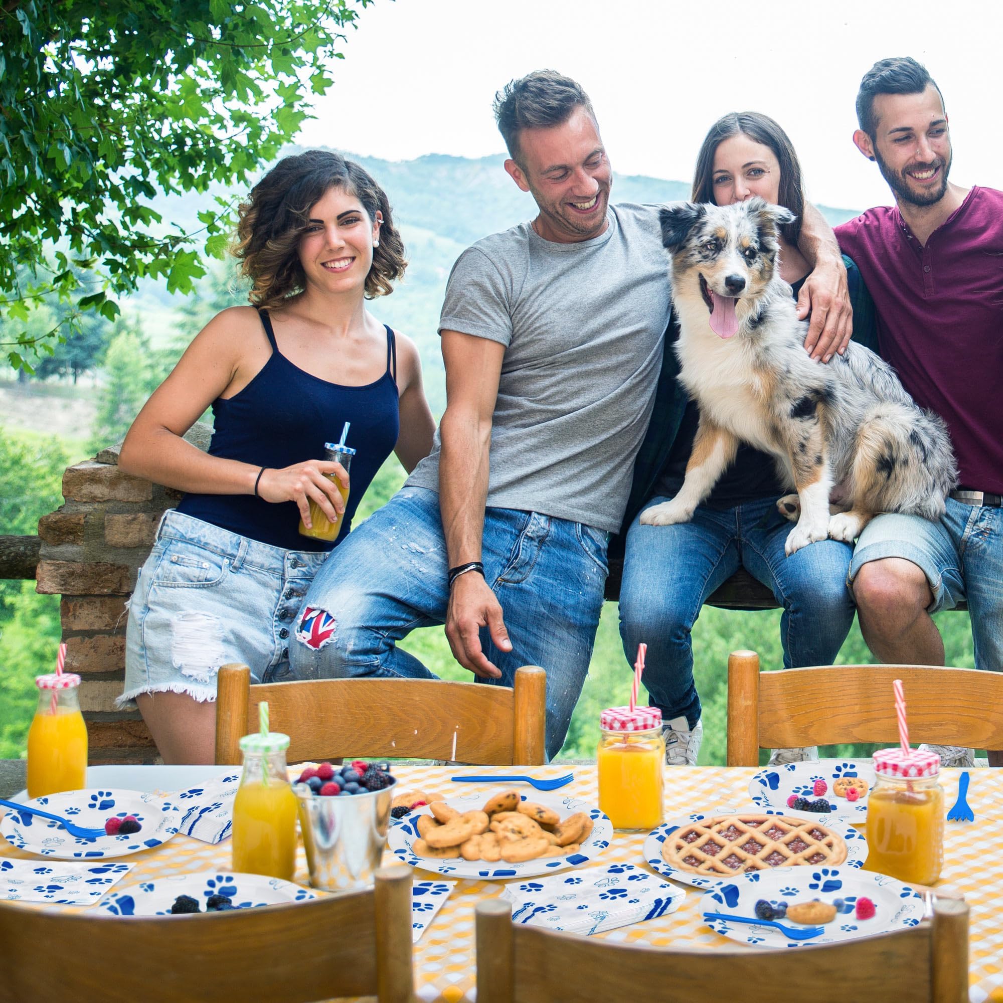 72-Piece Dog Paw Print Birthday Party Supplies Set - 32 Plates, 24 Napkins & 16 Forks | Blue Puppy Theme Party Decorations for Birthdays, Picnics, Baby Showers & Pet Celebrations