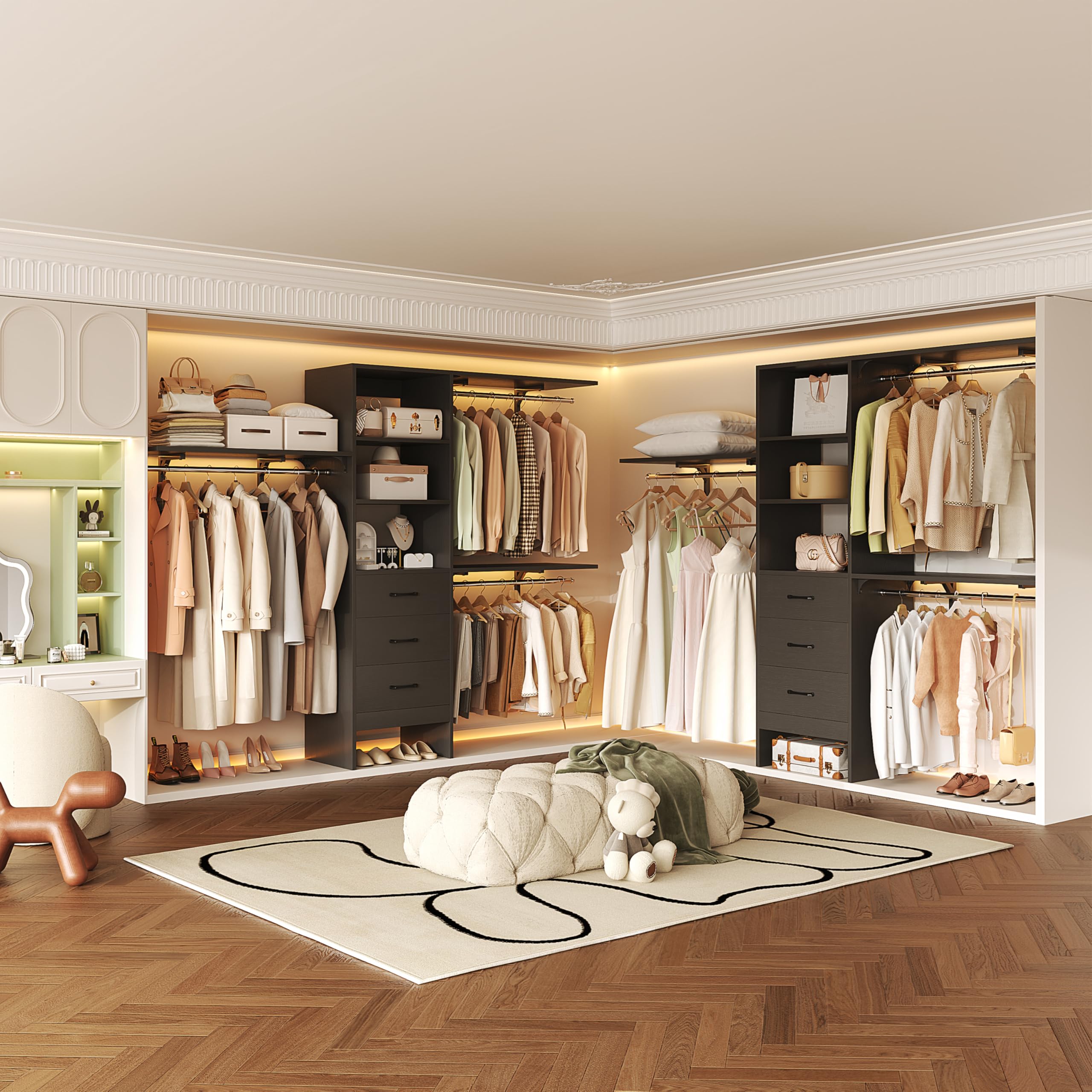 96 Inch Heavy Duty Walk-In Closet Organizer System - 8FT Closet with 3 Adjustable Shelves, 3 Hanging Rods & 3 Drawers - Built-In Garment Rack Supports 1000LBS (96