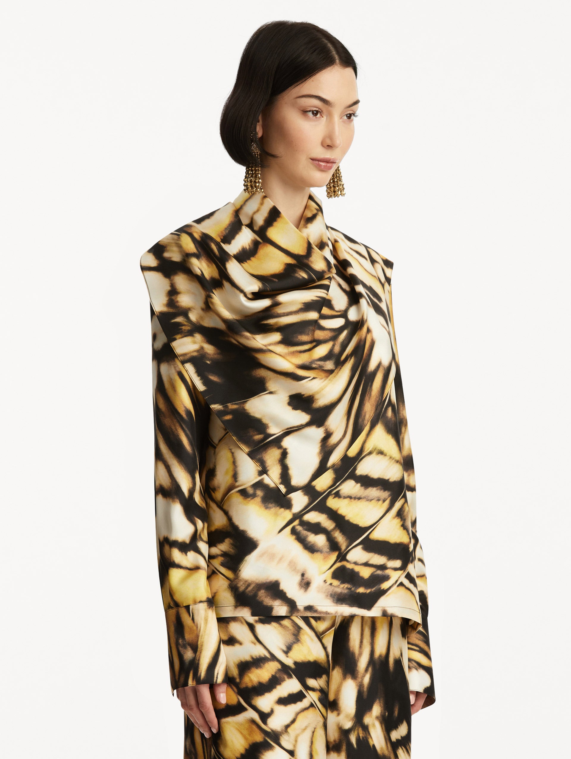 Abstract Butterfly Print Silk Twill Blouse for Women - Elegant Long Sleeve Shirt for Office, Party & Special Occasions