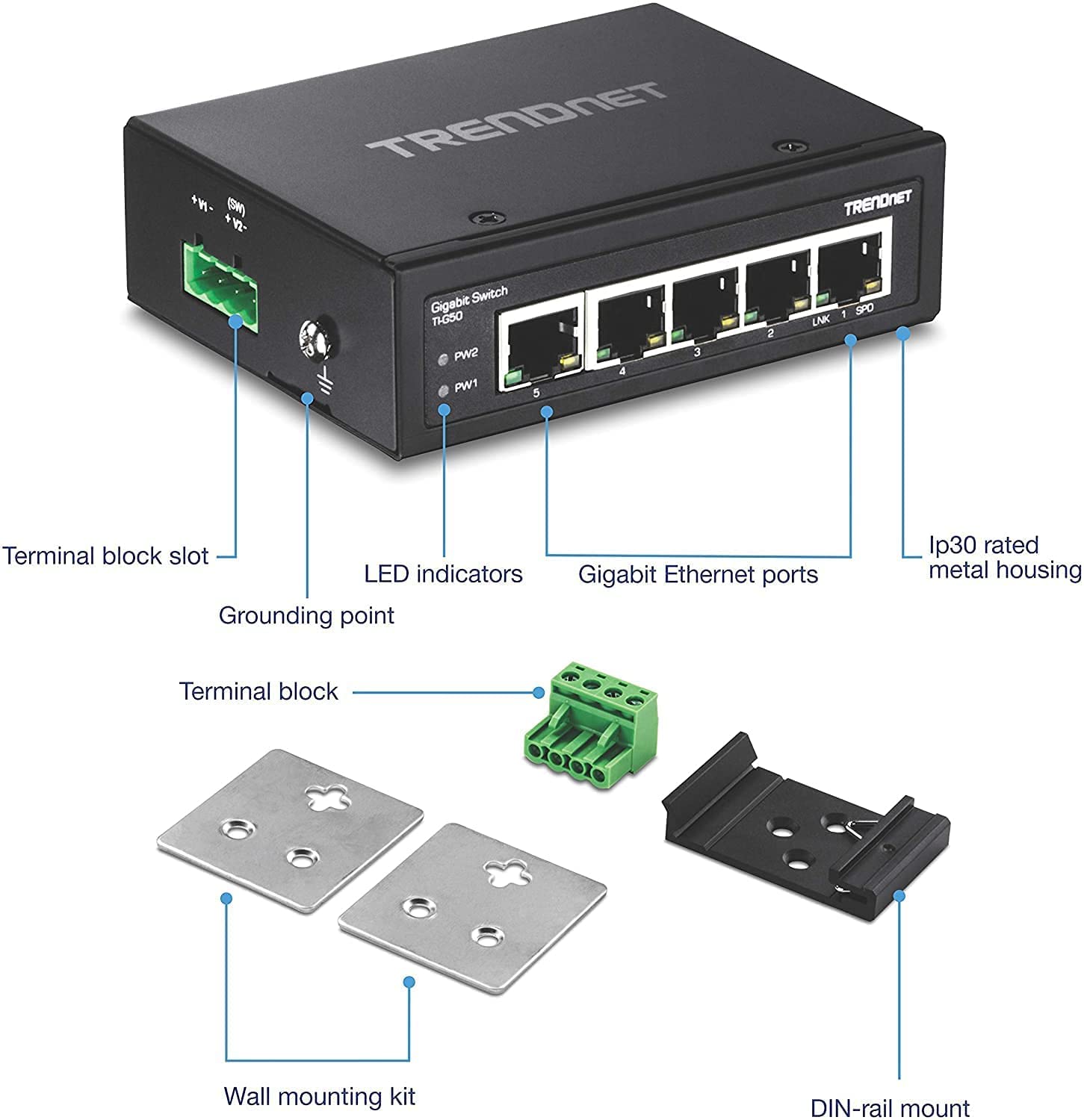 TRENDnet 5-Port Industrial Gigabit DIN-Rail Switch - 10Gbps High-Speed Network Switch with IP30 Rating (-40°F to 167°F) - DIN-Rail & Wall Mount Included - Lifetime Warranty - Black - TI-G50 - Perfect for Harsh Industrial Environments, Factory Automation & Outdoor Networking