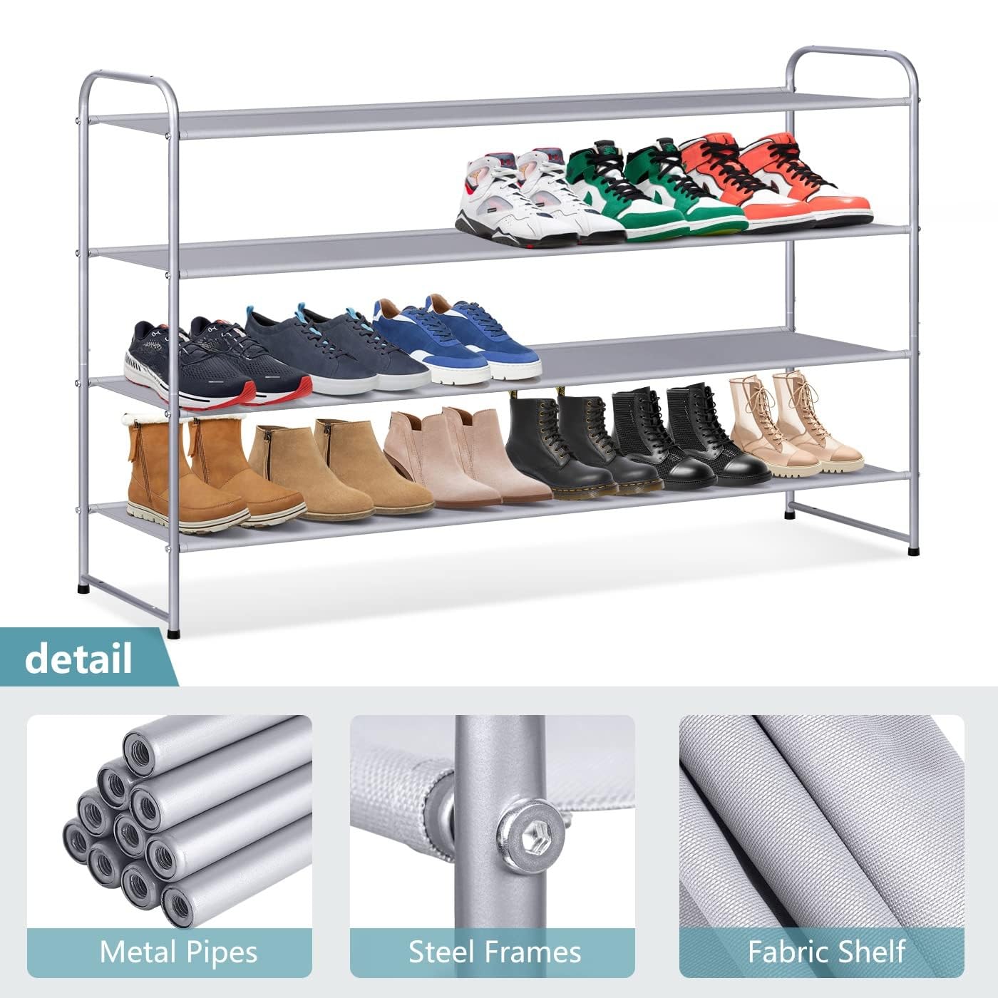 AOODA 4-Tier Stackable Shoe Rack Organizer - Holds 30 Pairs of Shoes, Sneakers, Boots & Heels - Space Saving Closet & Bedroom Storage Shelf (Grey) - Perfect for Small Spaces, Entryways & Dorm Rooms