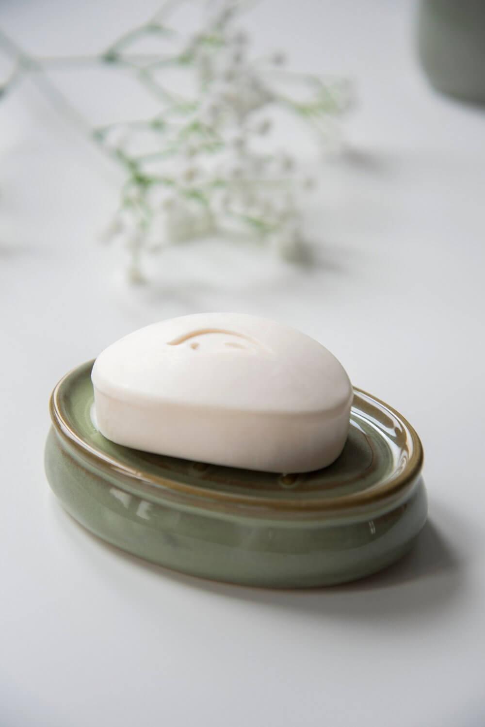 Sirmione Ceramic Soap Dish - Reactive Green Glaze Bathroom Organizer | Elegant Soap Holder for Sink, Shower & Vanity Countertop Decor