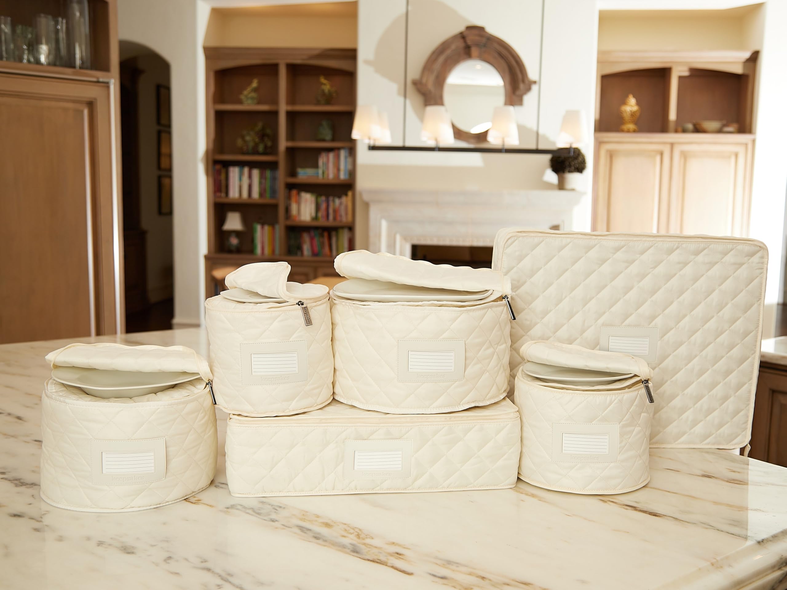 Covermates Keepsakes Dish Storage Set - Padded Protection with ID Window, Stain Resistant & Machine Washable - China Storage Organizer for Fine Dining & Entertaining (Cream)