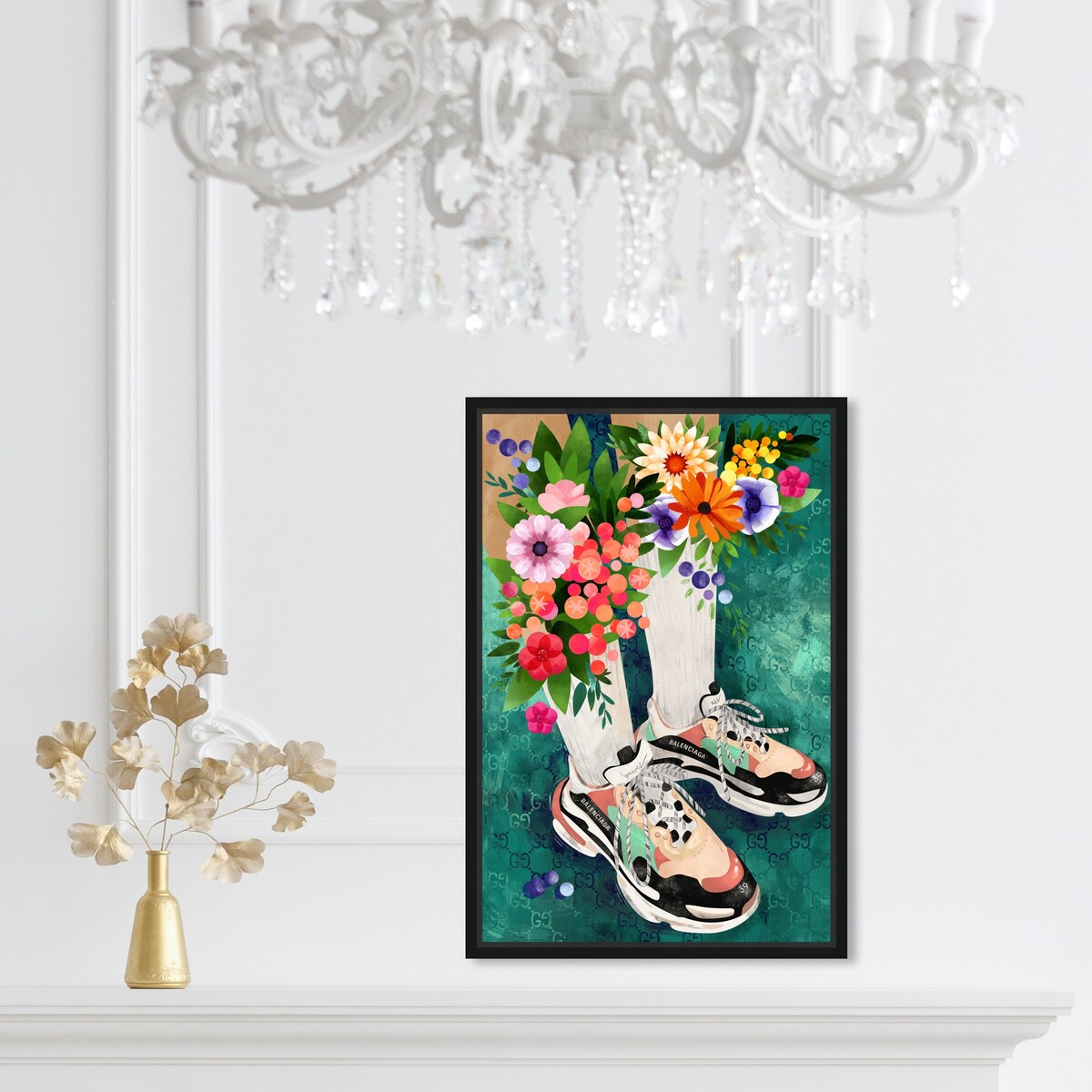 Stylish Floral Sneakers & Socks Set with Modern Green Canvas Wall Art - Perfect for Bedroom Decor and Casual Outfits