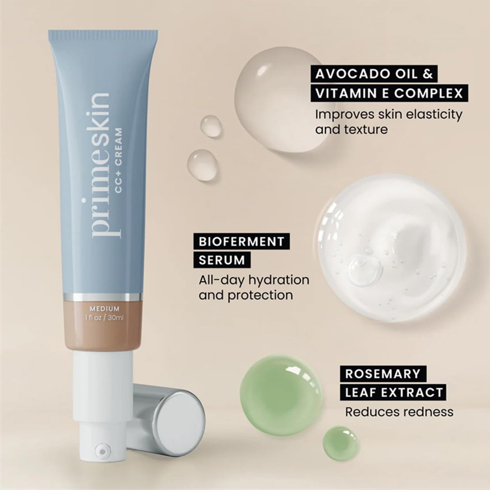PrimeSkin CC+ Cream Liquid Foundation with SPF - 30ml Full Coverage, Anti-Aging & Hydrating Makeup for Mature Skin - Lightweight Foundation for Women - Shade 05 (Natural Beige) - Perfect for Daily Wear & Special Occasions